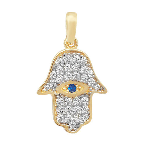 9CT GOLD WHITE AND BLUE CZ HAMSA PENDANT