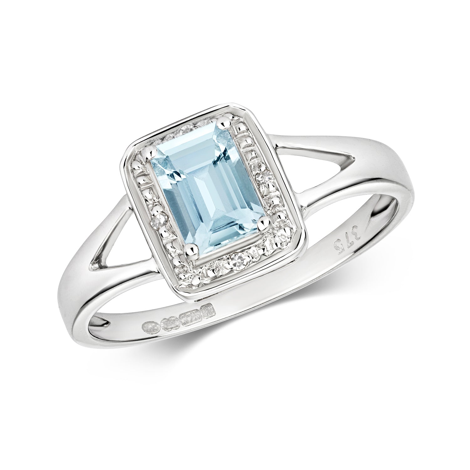 DIAMOND & AQUAMARINE WITH SPLIT SHOULDERS RING IN 9CT WHITE GOLD