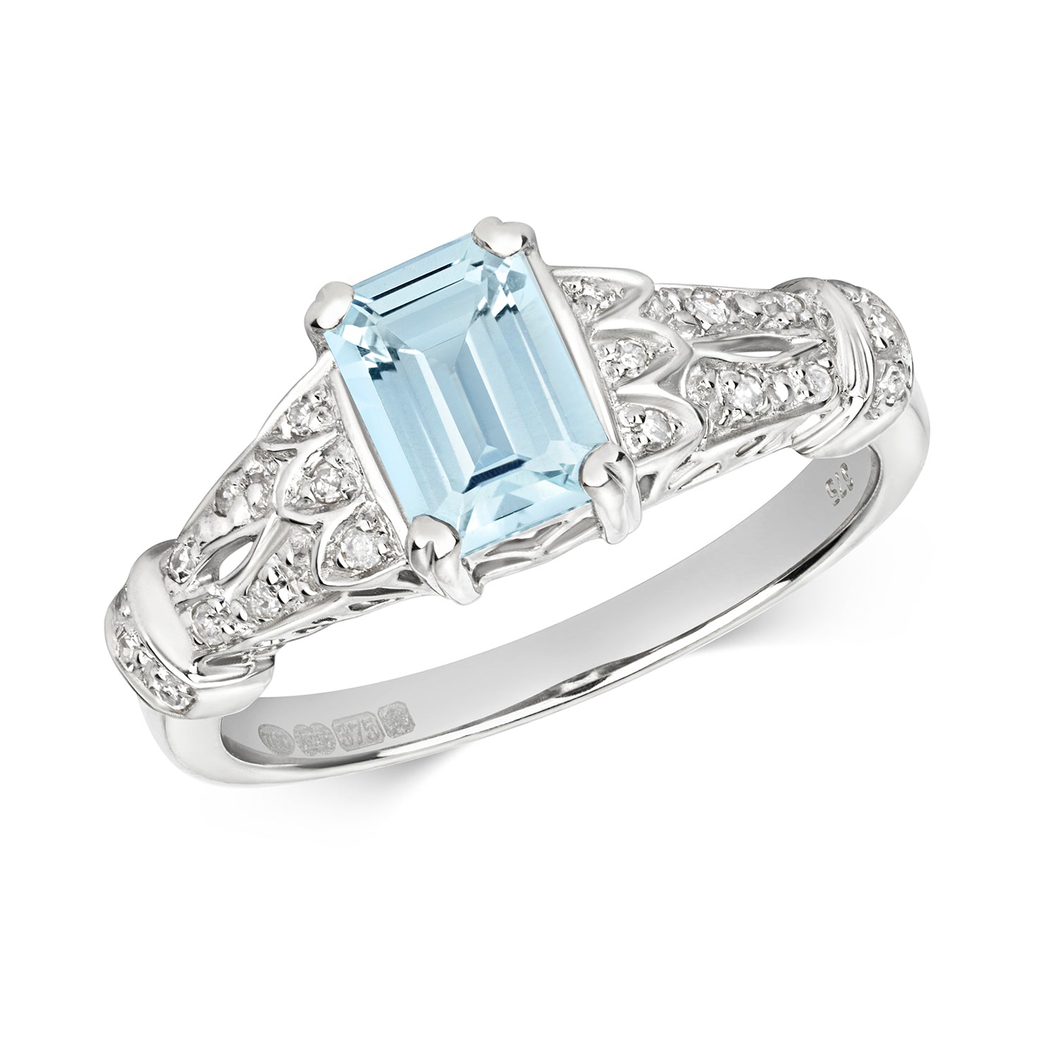 DIAMOND & AQUAMARINE DRESS RING IN 9CT WHITE GOLD
