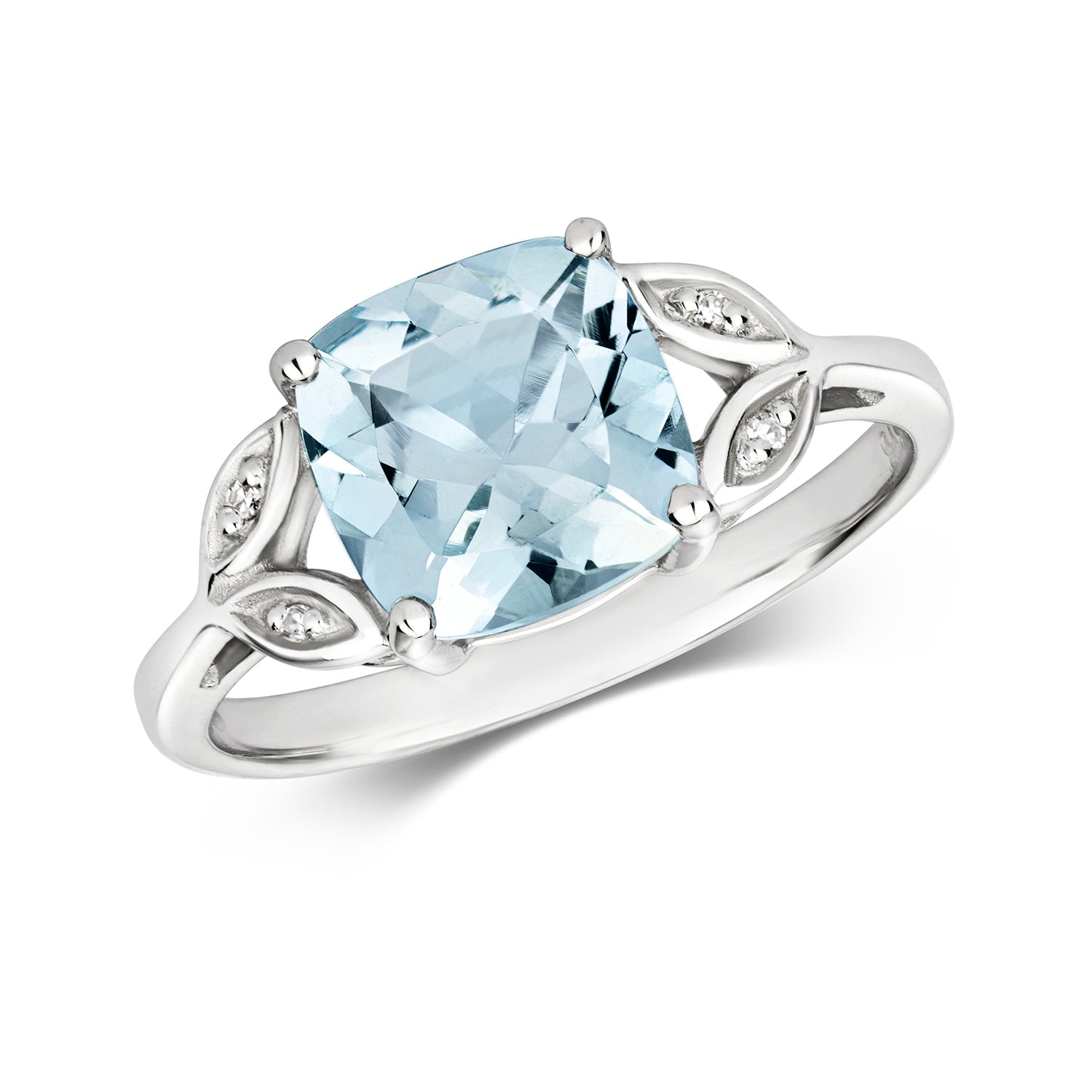 DIAMOND & AQUAMARINE CUSHION WITH SPLIT SHOULDERS RING IN 9CT WHITE GOLD