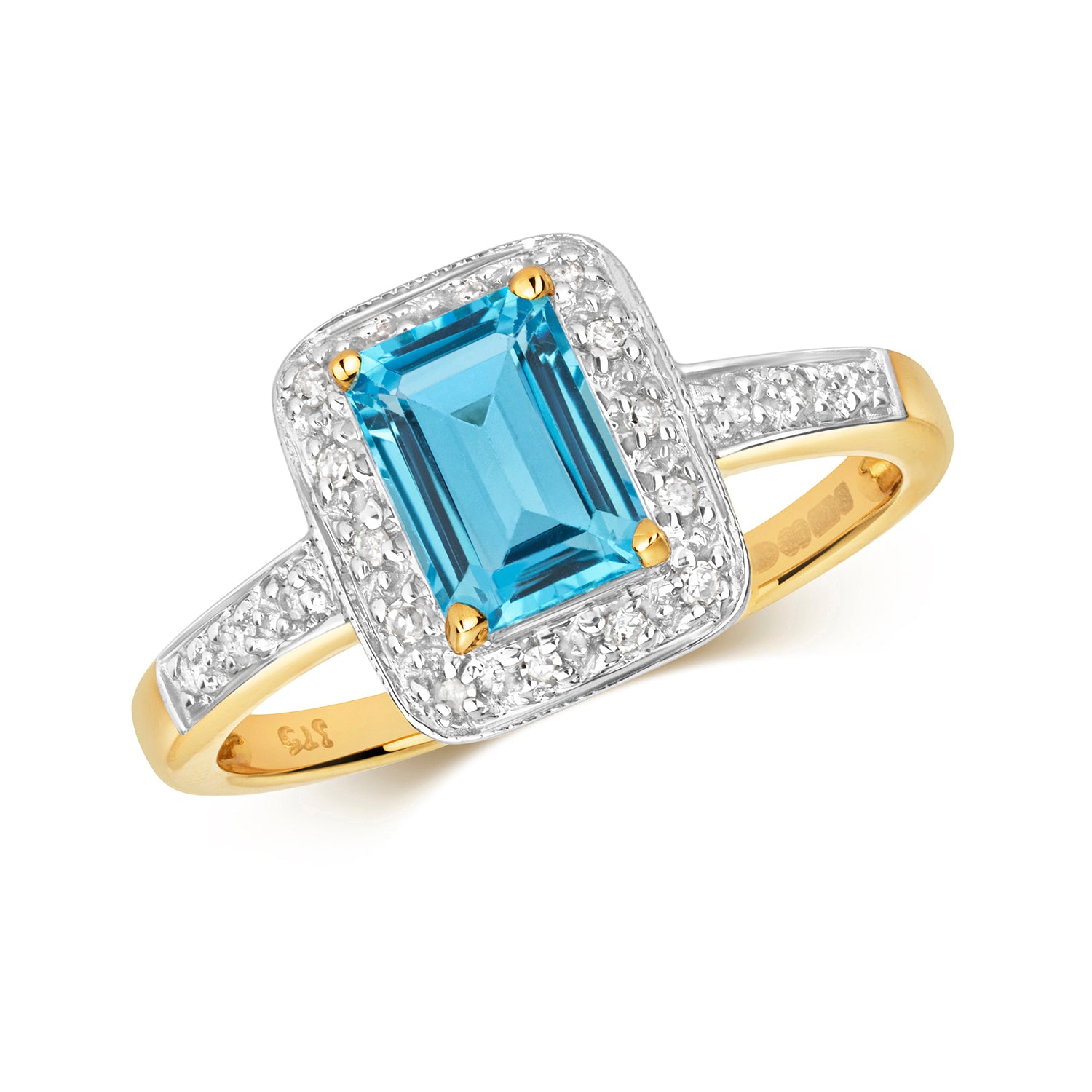 DIAMOND & BLUE TOPAZ HALO WITH PAVE SET SHOULDERS RING IN 9CT GOLD