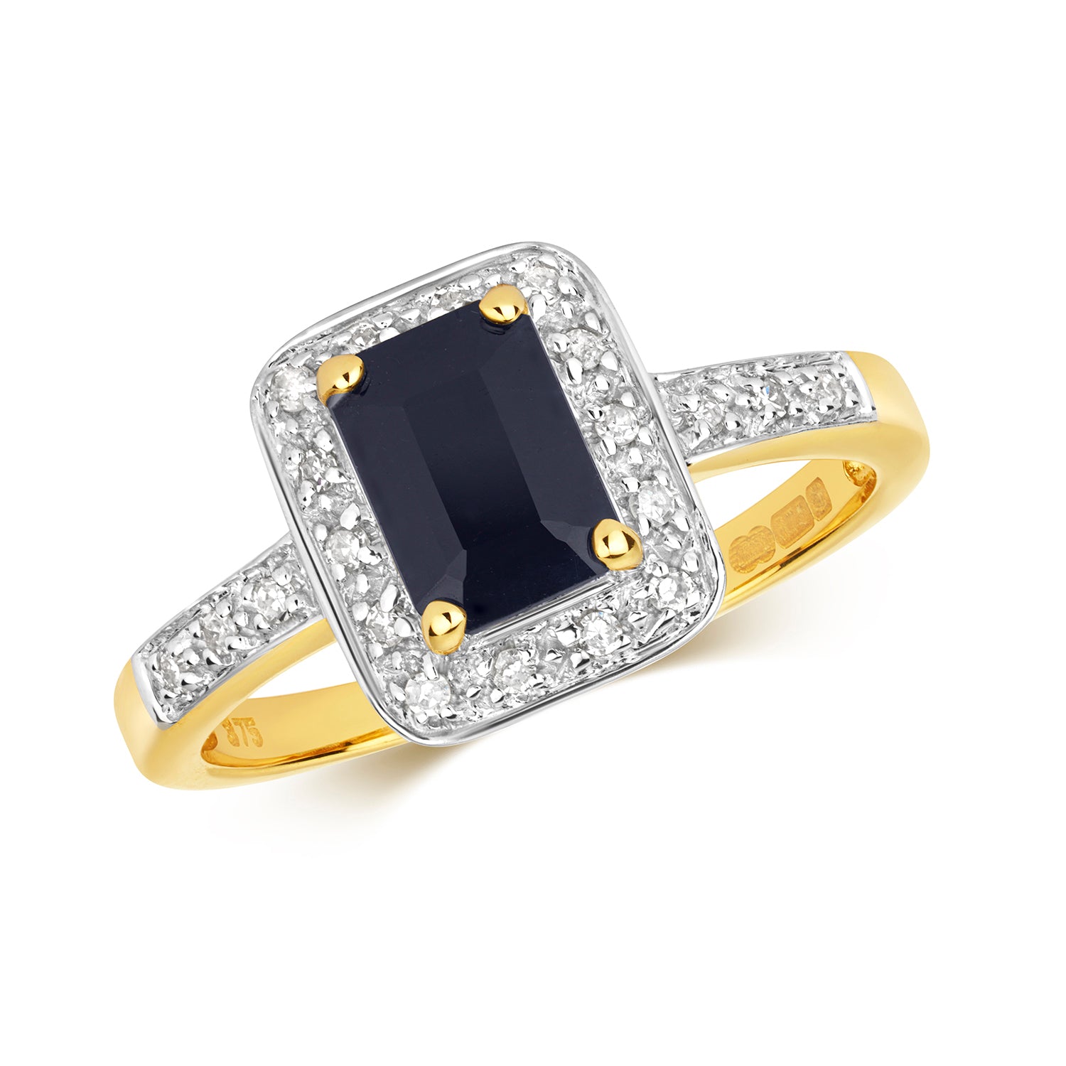 DIAMOND & SAPPHIRE HALO WITH PAVE SET SHOULDERS RING IN 9CT GOLD