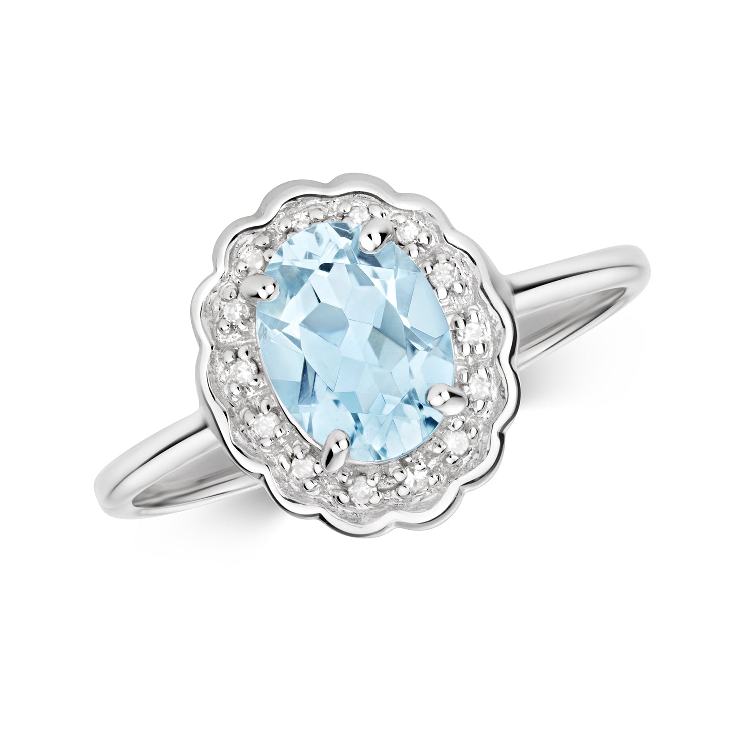 DIAMOND & AQUAMARINE VICTORIAN STYLE CLUSTER RING IN 9CT WHITE GOLD