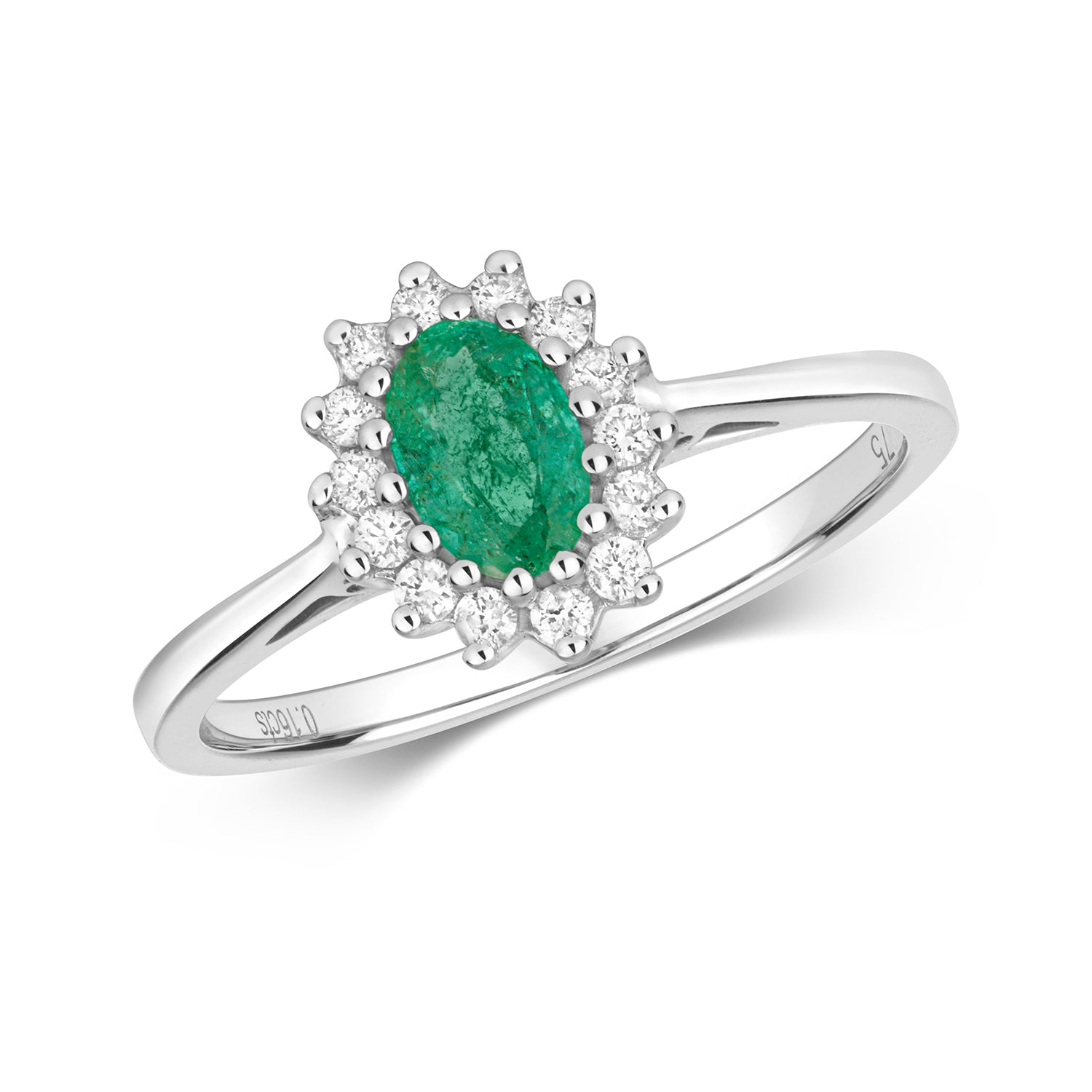 DIAMOND & EMERALD OVAL CLUSTER RING IN 9CT WHITE GOLD