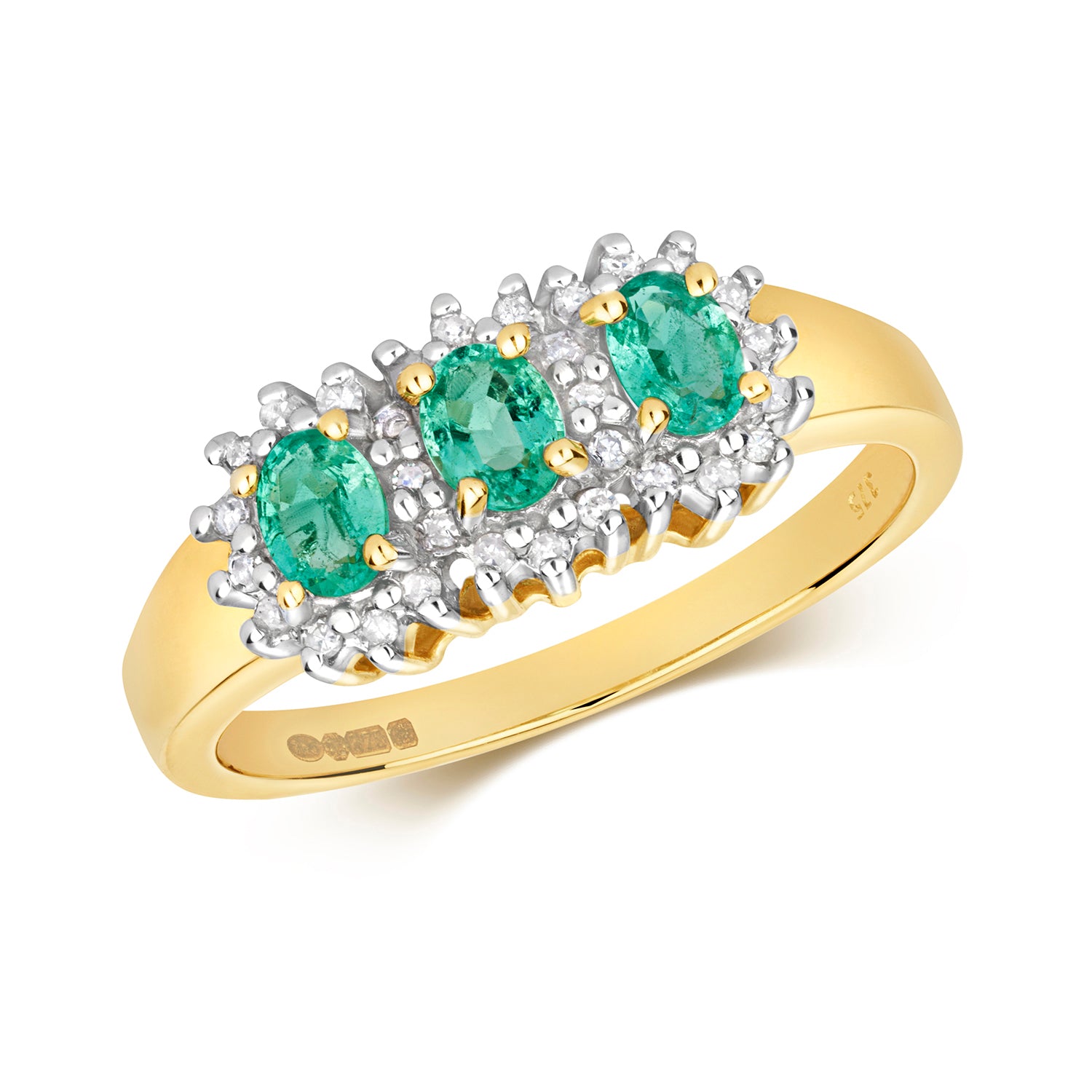 DIAMOND & EMERALD TRILOGY CLUSTER RING IN 9CT GOLD