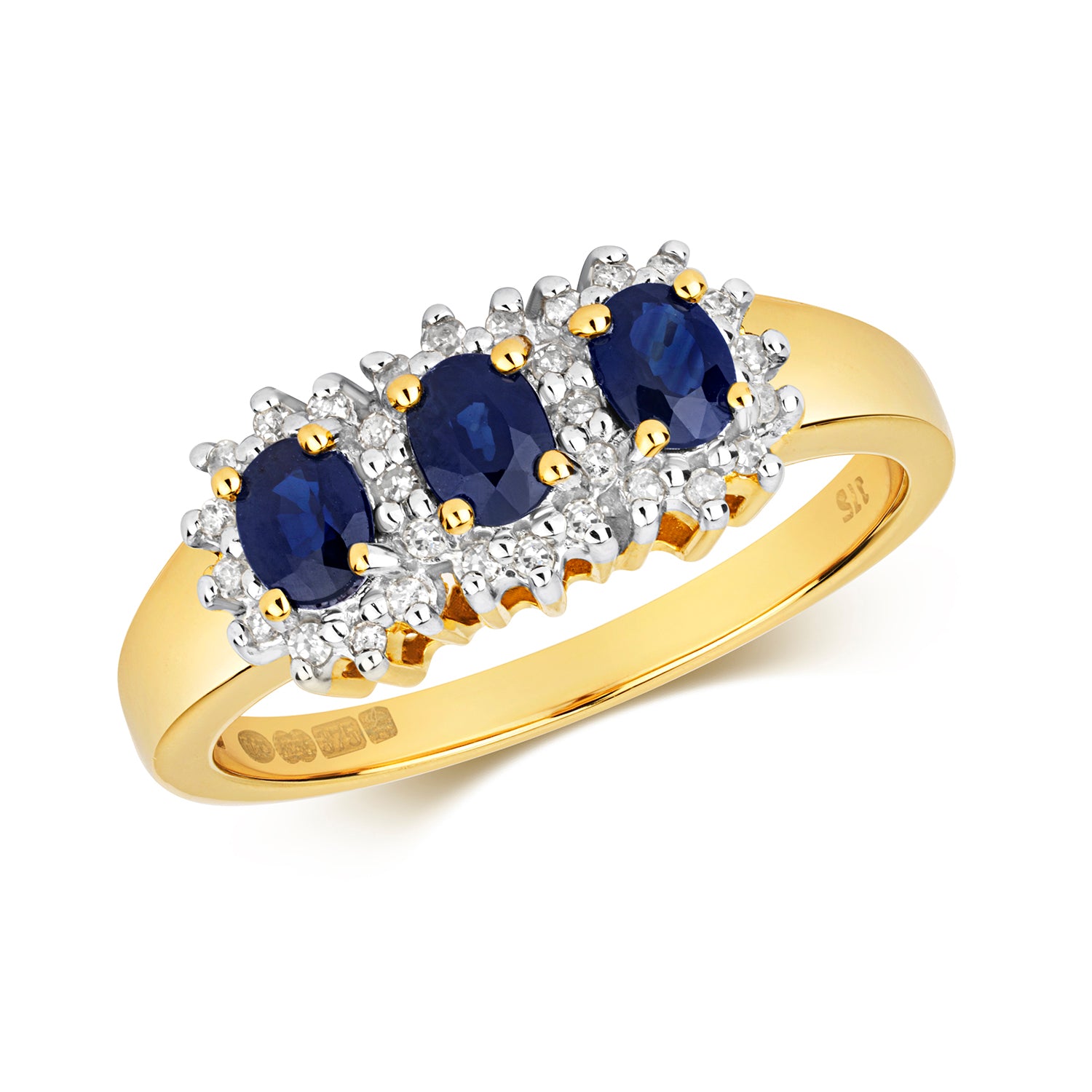 DIAMOND & SAPPHIRE TRILOGY CLUSTER RING IN 9CT GOLD