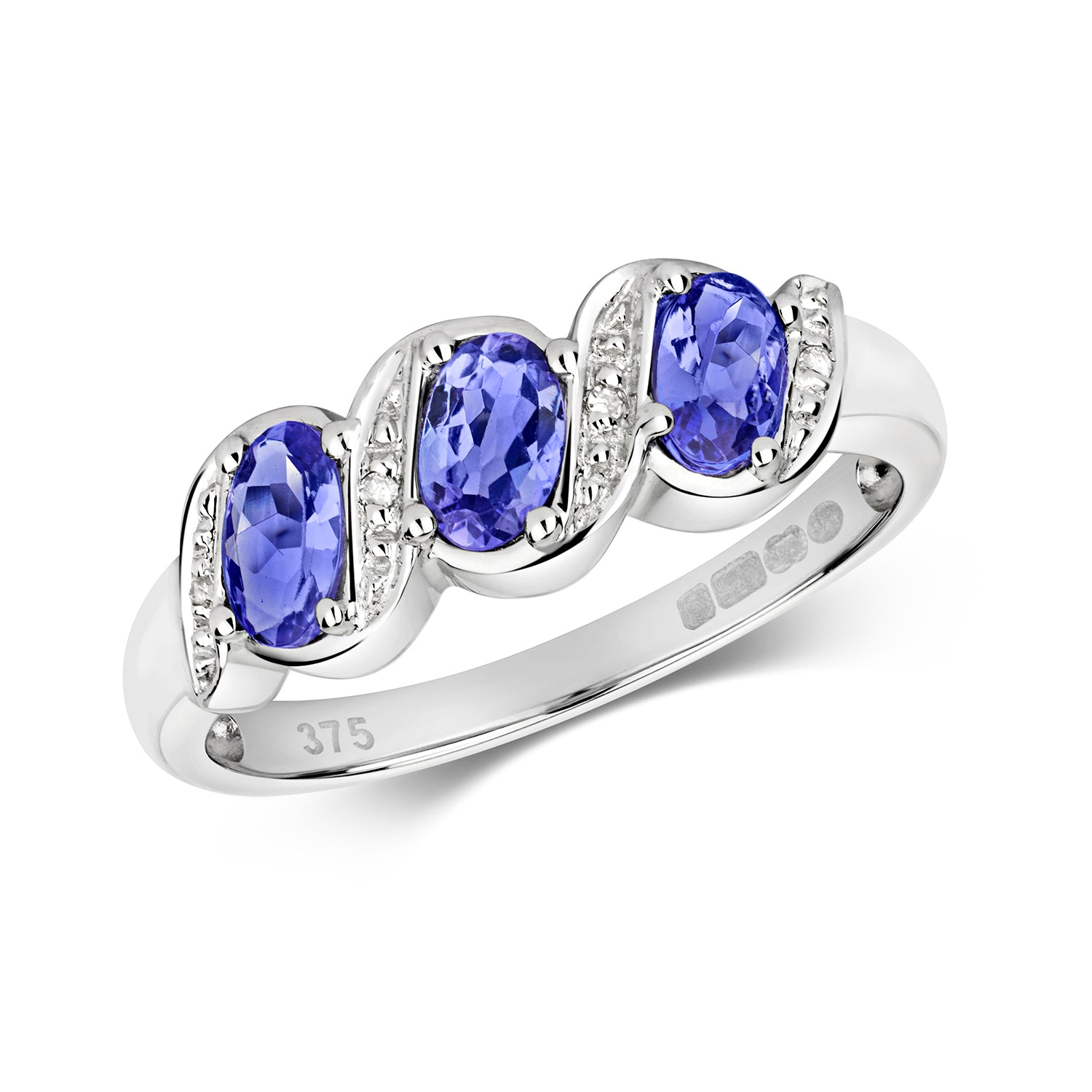 DIAMOND & TANZANITE TRILOGY TWIST RING IN 9CT WHITE GOLD