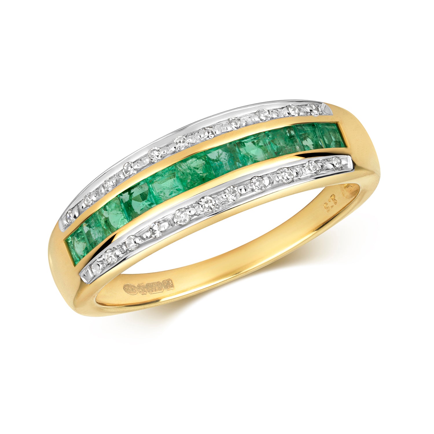 DIAMOND & EMERALD PRINCESS CUT BAND IN 9CT GOLD