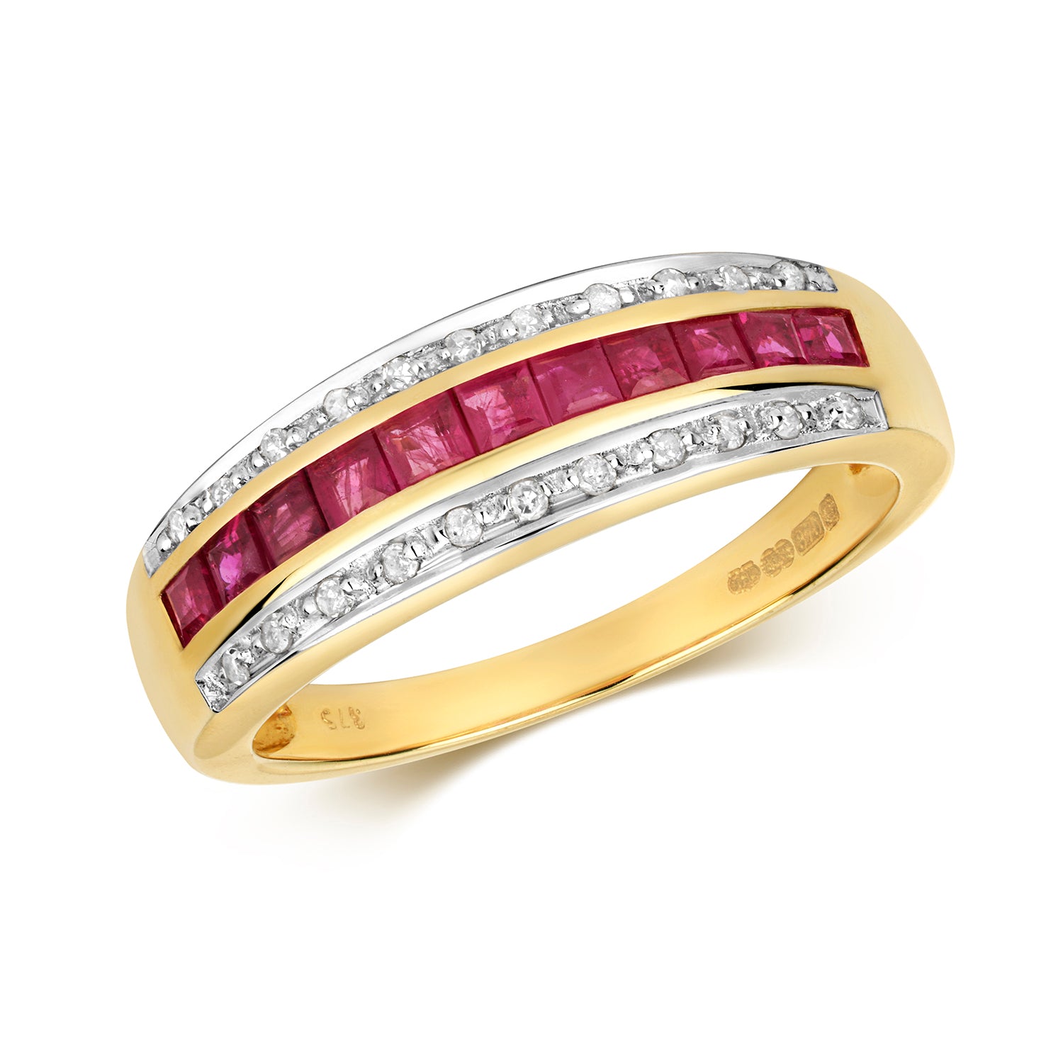 DIAMOND & RUBY PRINCESS CUT BAND IN 9CT GOLD