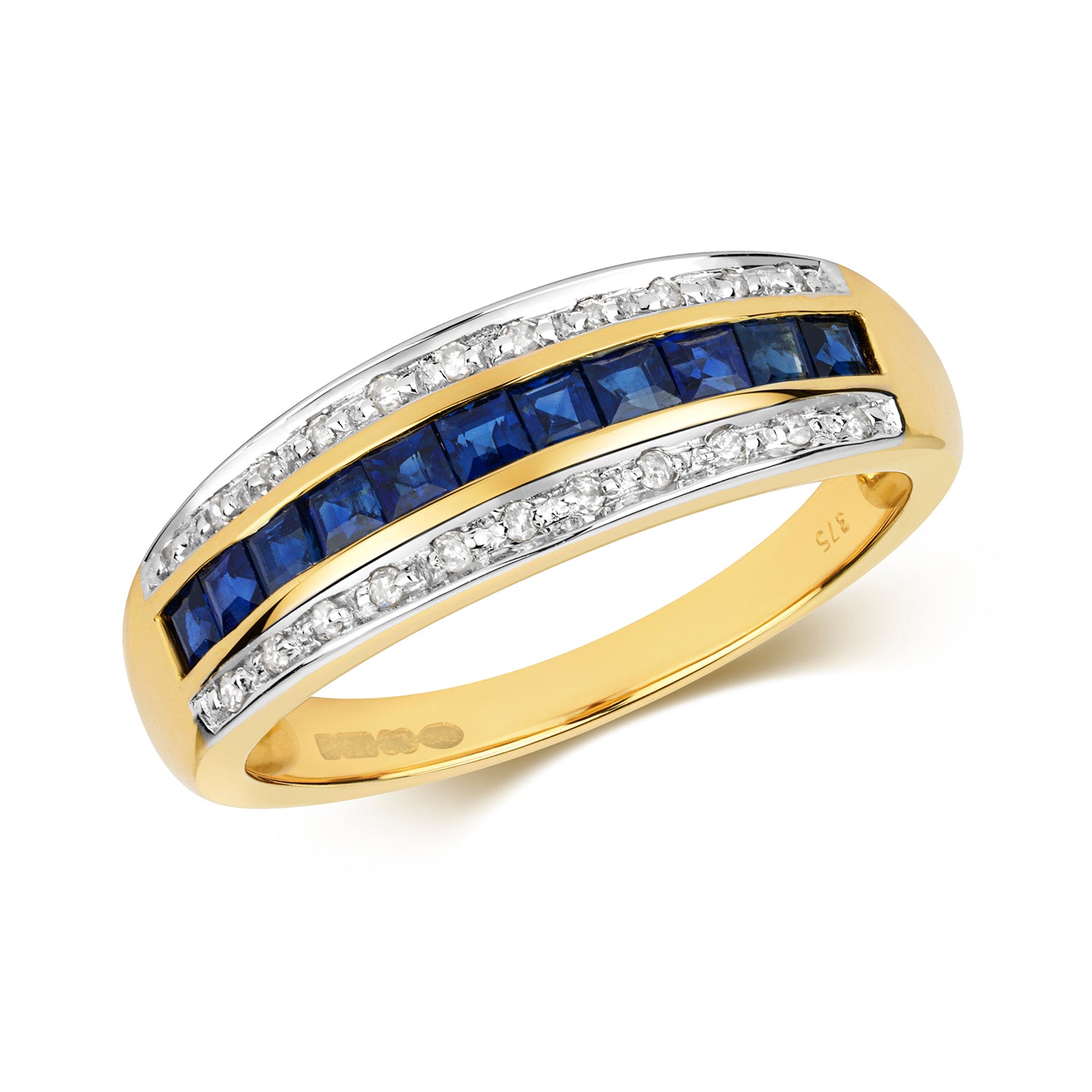 DIAMOND & SAPPHIRE PRINCESS CUT BAND IN 9CT GOLD