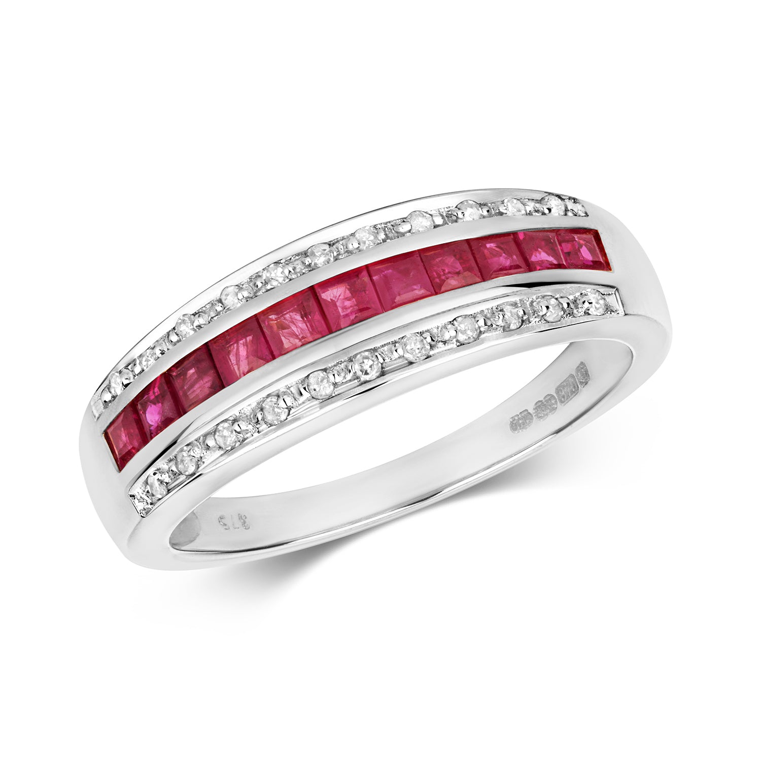 DIAMOND & RUBY PRINCESS CUT BAND IN 9CT WHITE GOLD