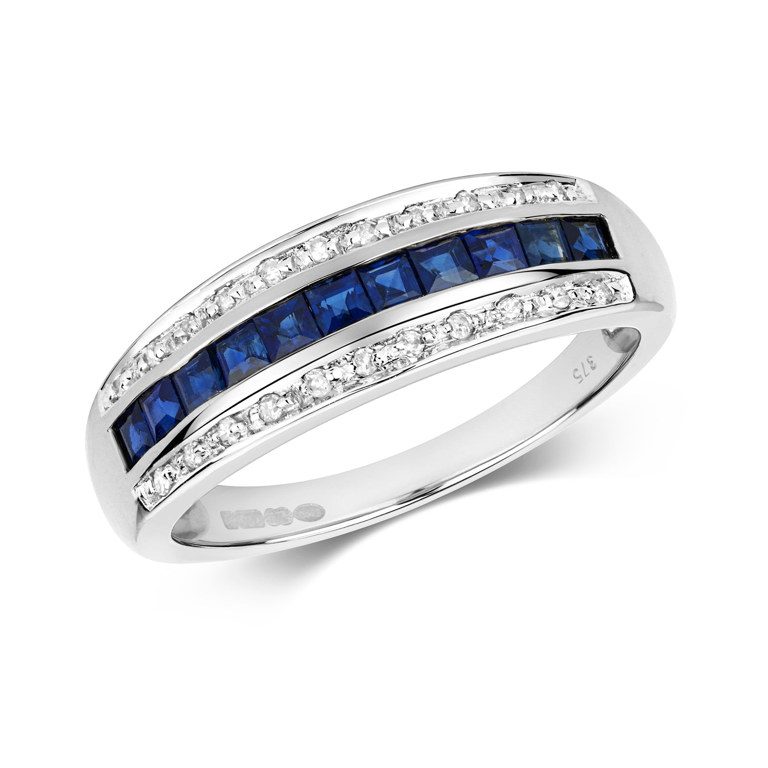 DIAMOND & SAPPHIRE PRINCESS CUT BAND IN 9CT WHITE GOLD