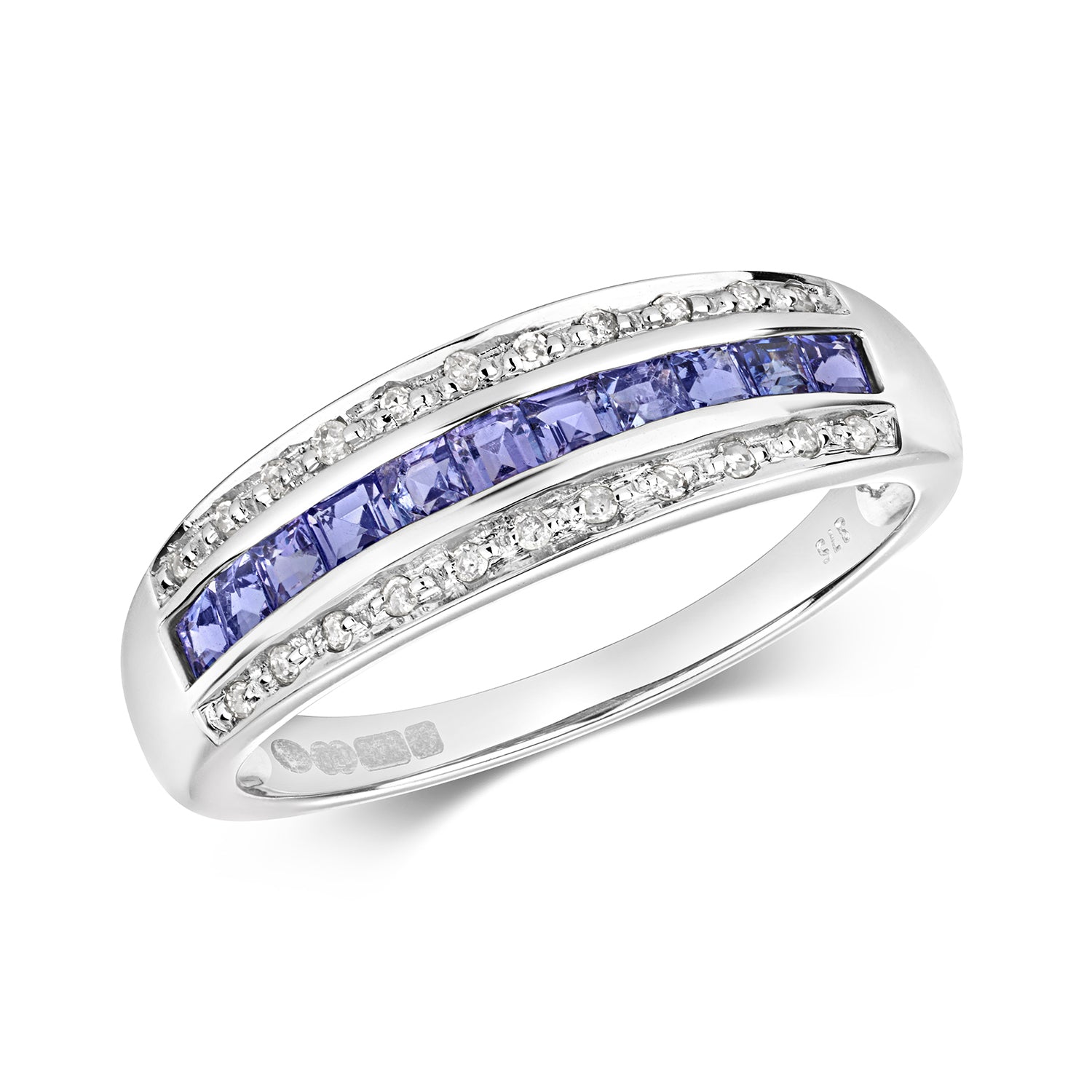 DIAMOND & TANZANITE PRINCESS CUT BAND IN 9CT WHITE GOLD