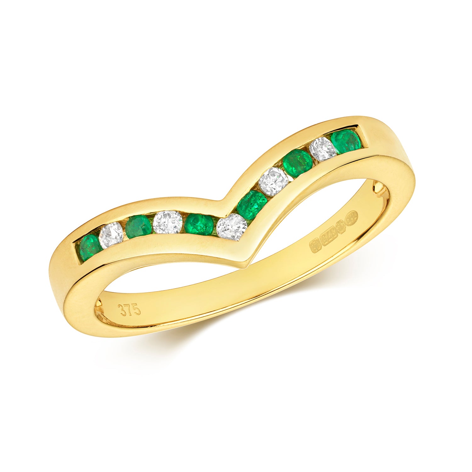 DIAMOND & EMERALD WISHBONE RING IN 9CT GOLD