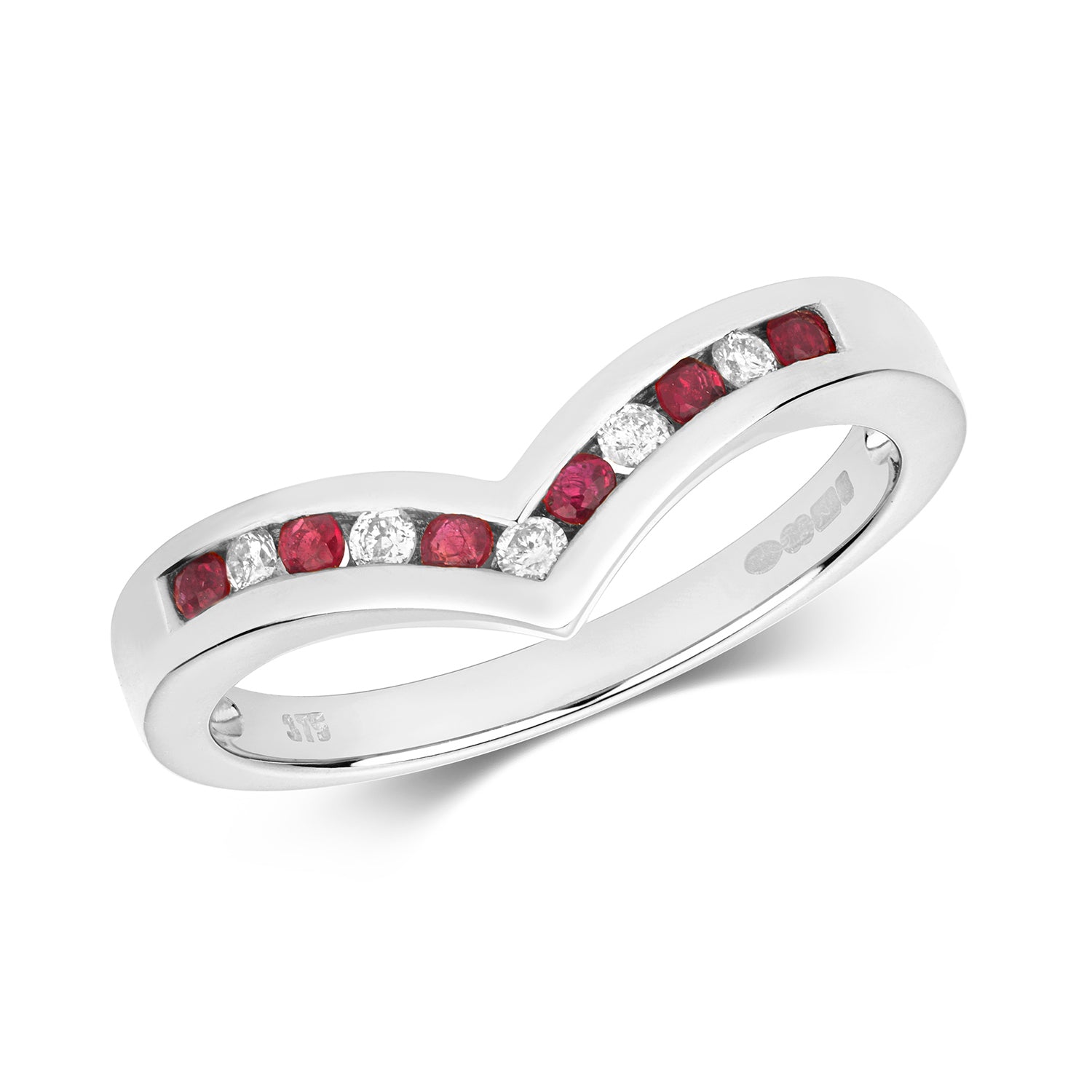 DIAMOND & RUBY WISHBONE RING IN 9CT WHITE GOLD