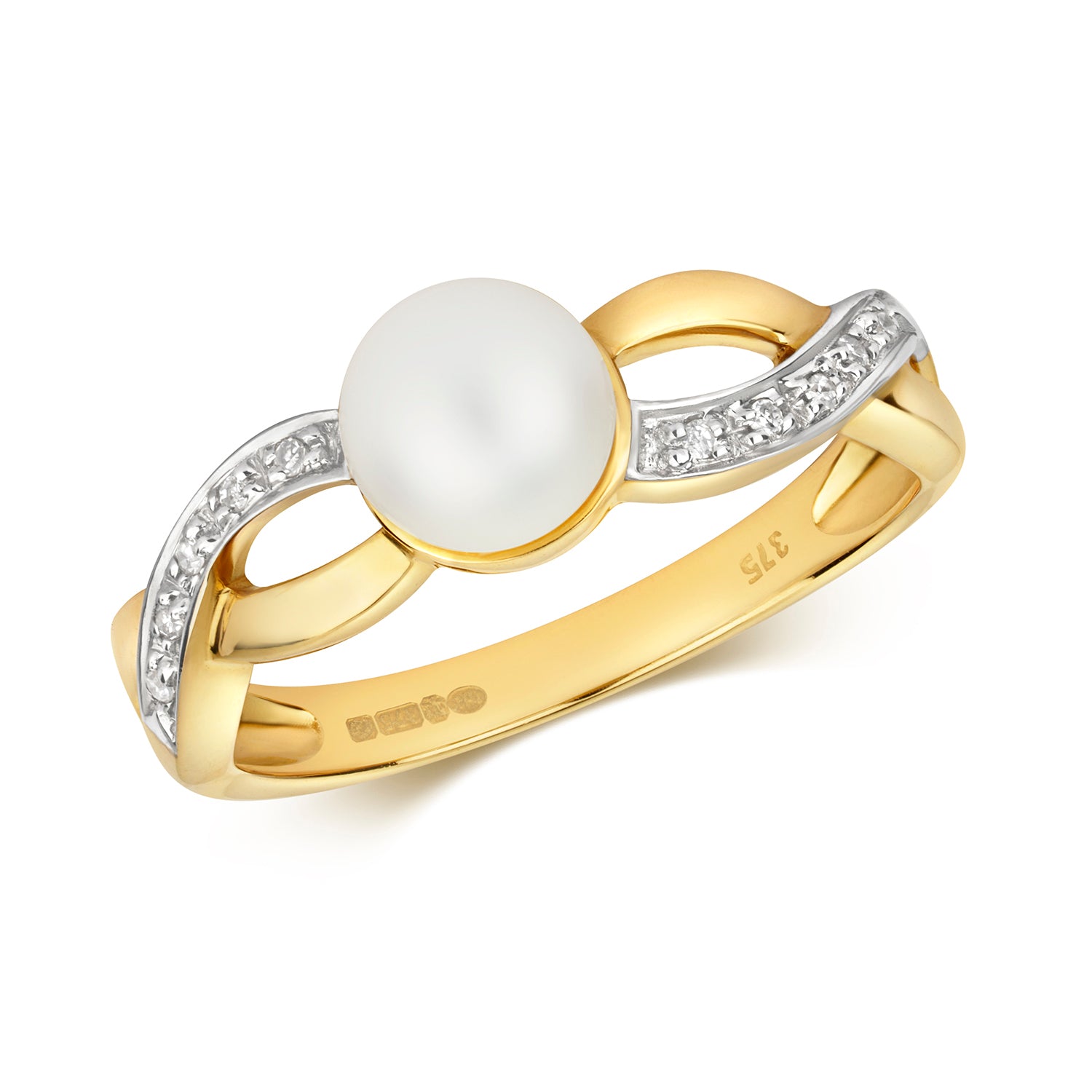 DIAMOND & FRESH WATER PEARL PLAITED RING IN 9CT GOLD