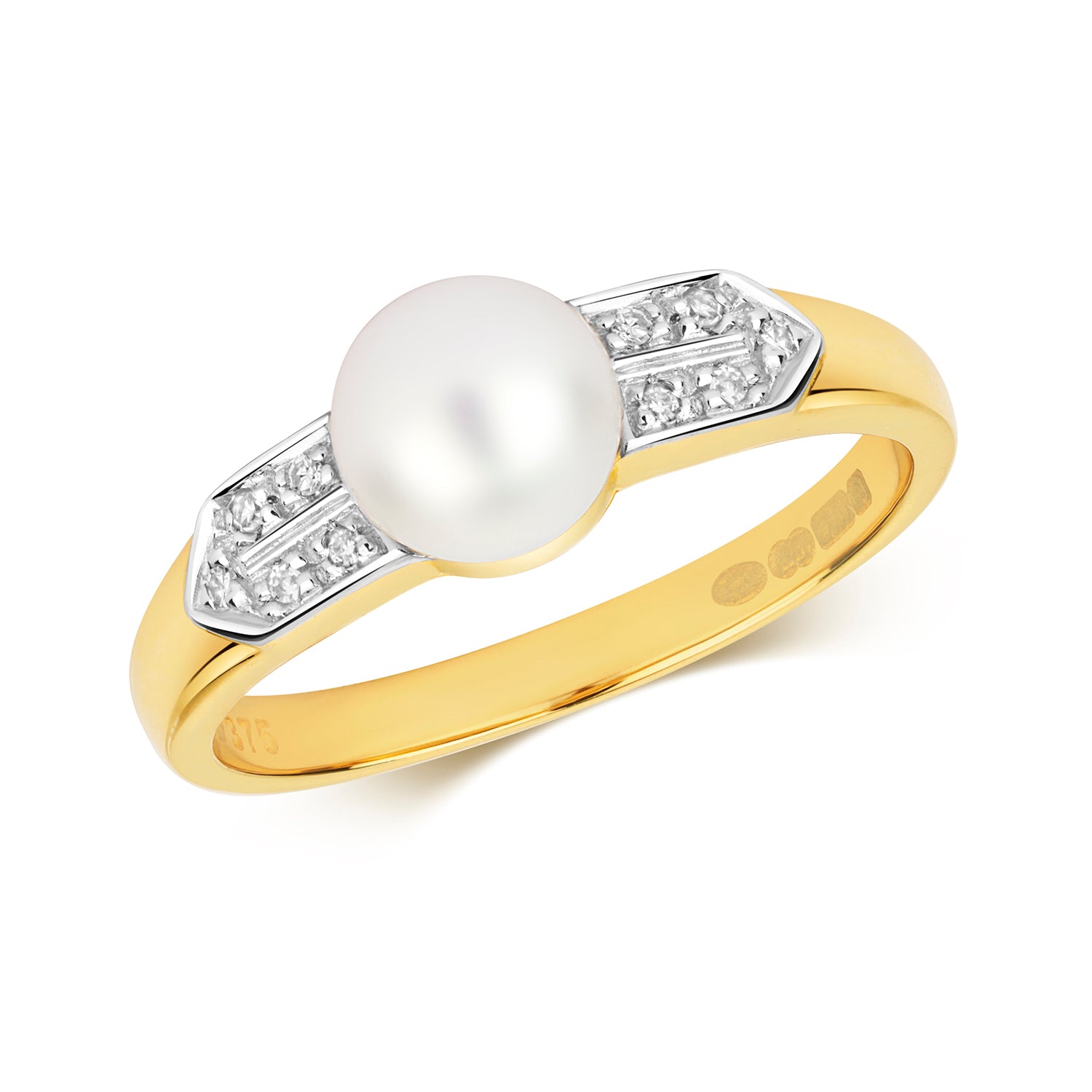 DIAMOND & FRESH WATER PEARL GRAIN SET SHOULDERS RING IN 9CT GOLD