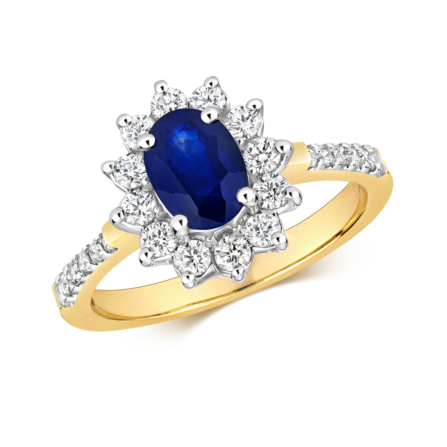 DIAMOND & SAPPHIRE SET SHOULDERS CLUSTER RING IN 9CT GOLD