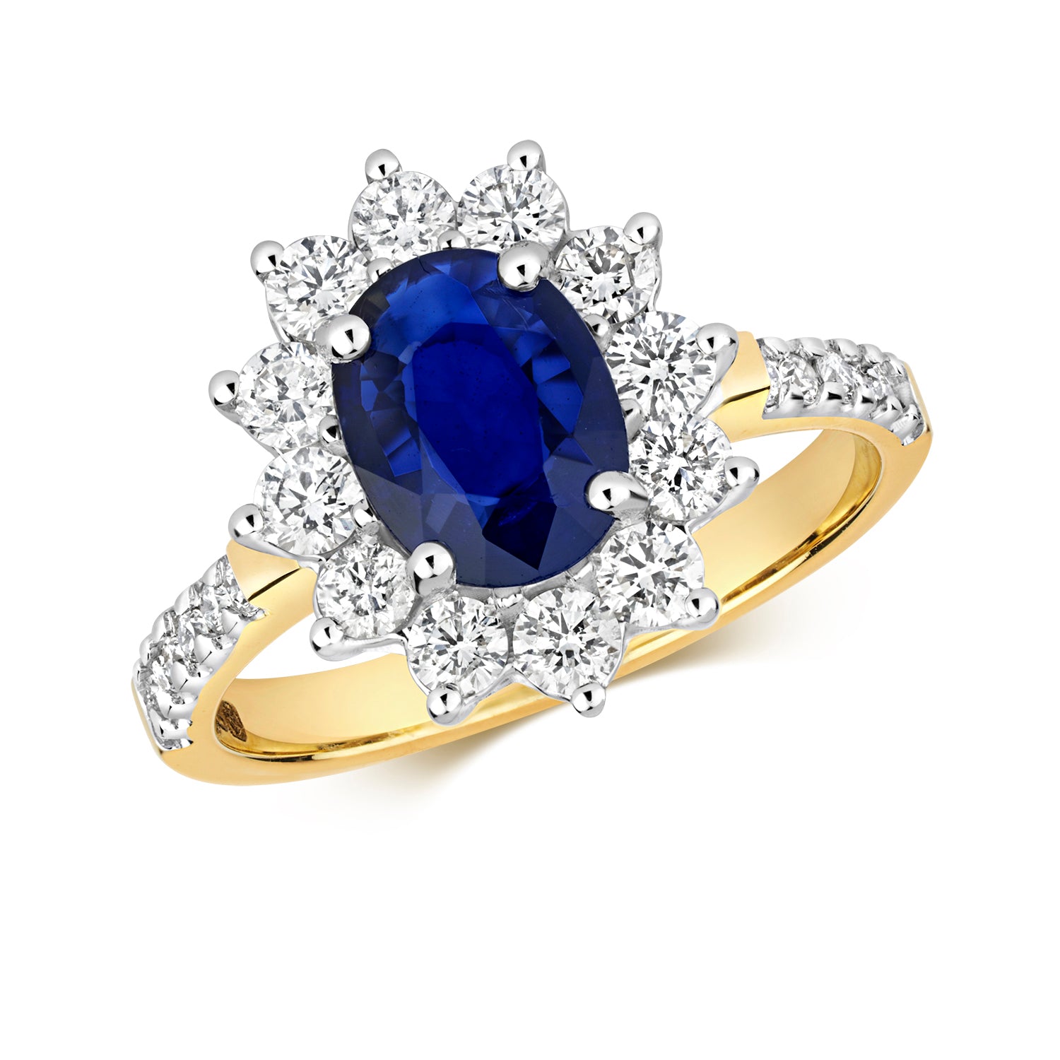 DIAMOND & SAPPHIRE SET SHOULDERS CLUSTER RING IN 9CT GOLD