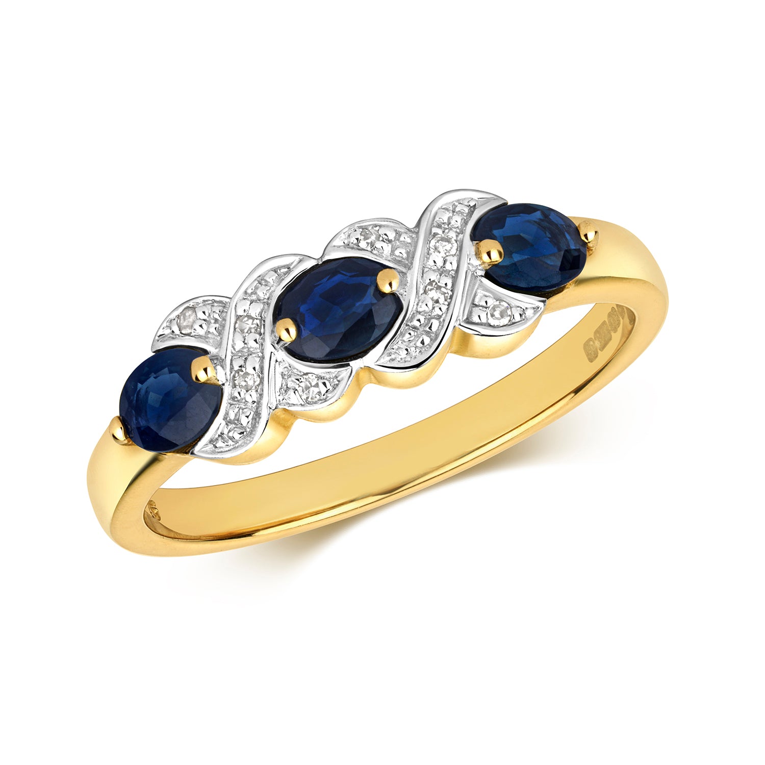 DIAMOND & SAPPHIRE OVAL XX DESIGN TRILOGY RING IN 9CT GOLD