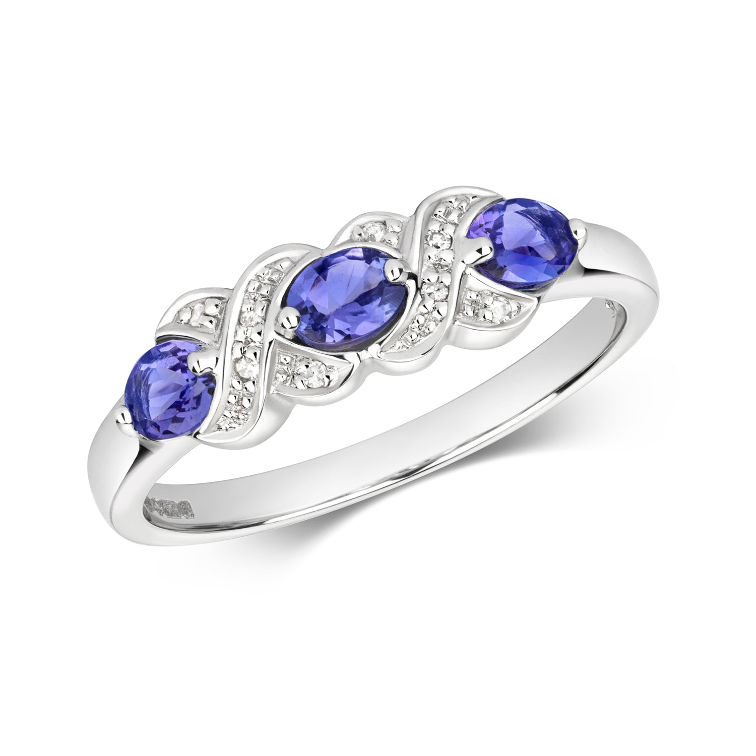 DIAMOND & TANZANITE OVAL XX DESIGN TRILOGY RING IN 9CT WHITE GOLD