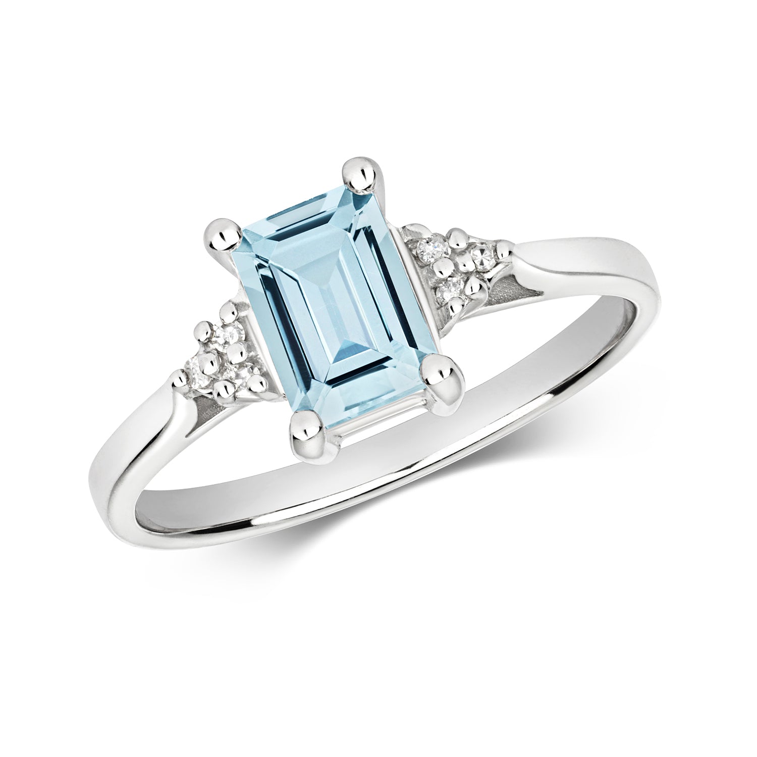 DIAMOND & AQUAMARINE OCTAGON WITH TRIANGULAR SIDES RING IN 9CT WHITE GOLD