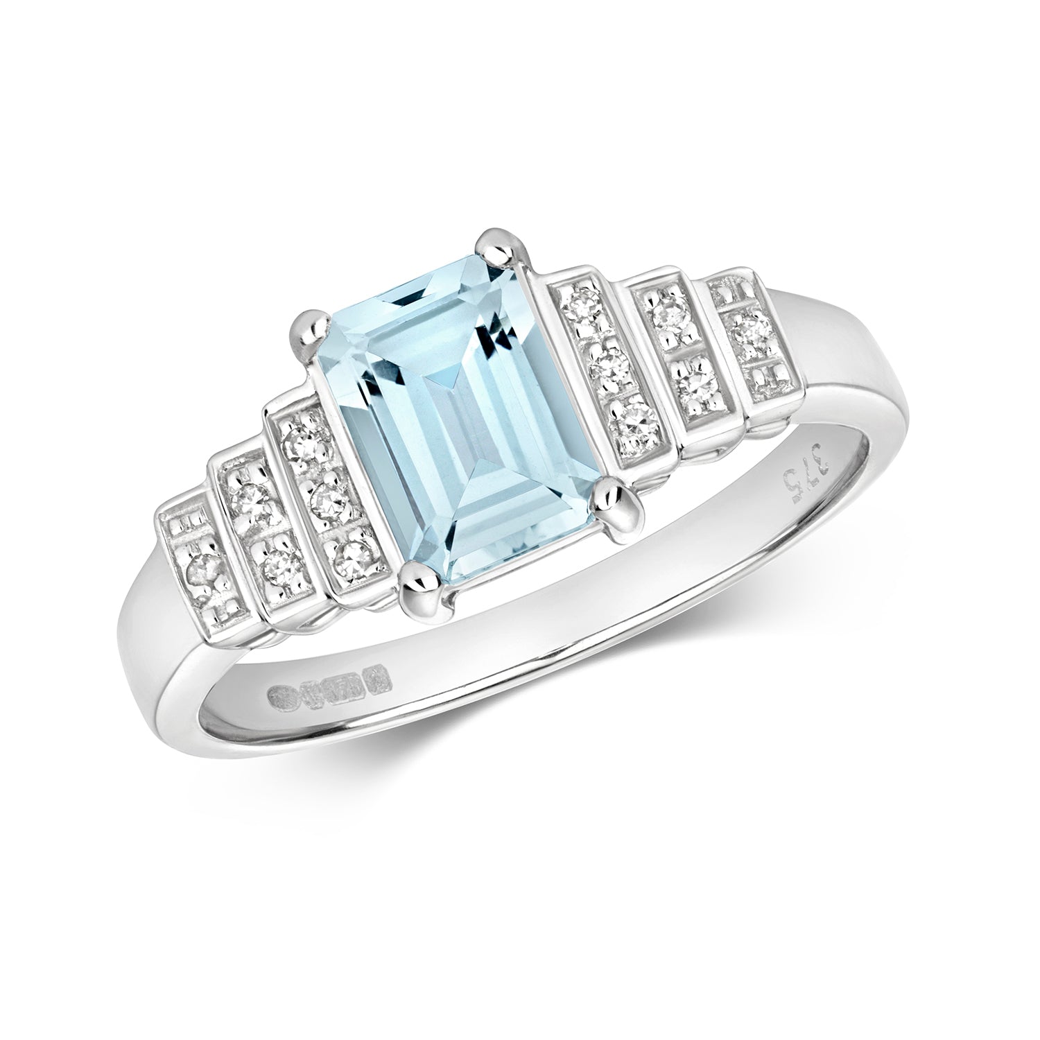 DIAMOND & AQUAMARINE OCTAGON WITH STEP SHOULDERS RING IN 9CT WHITE GOLD