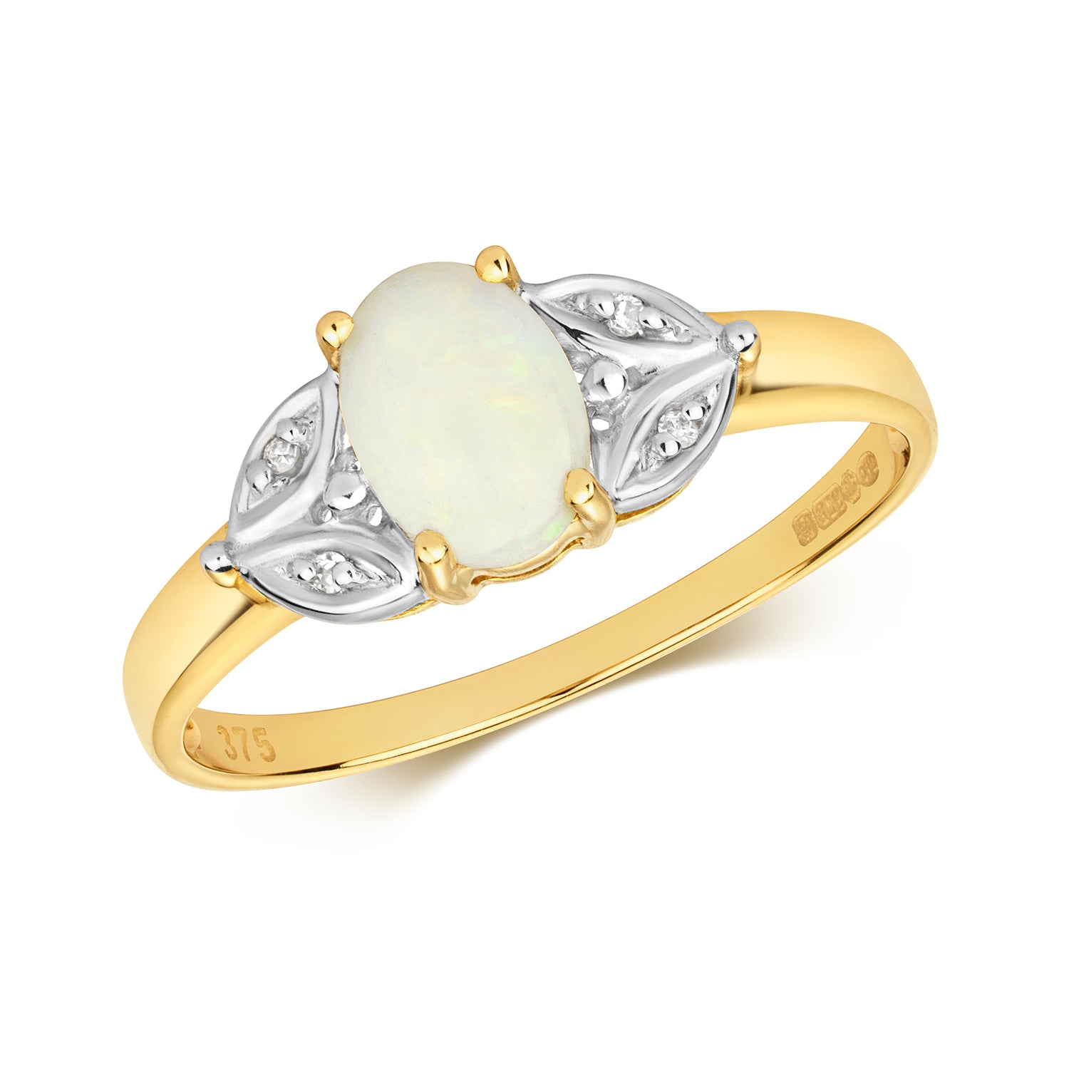 DIAMOND & OPAL WITH LEAF DESIGN SHOULDERS RING IN 9CT GOLD