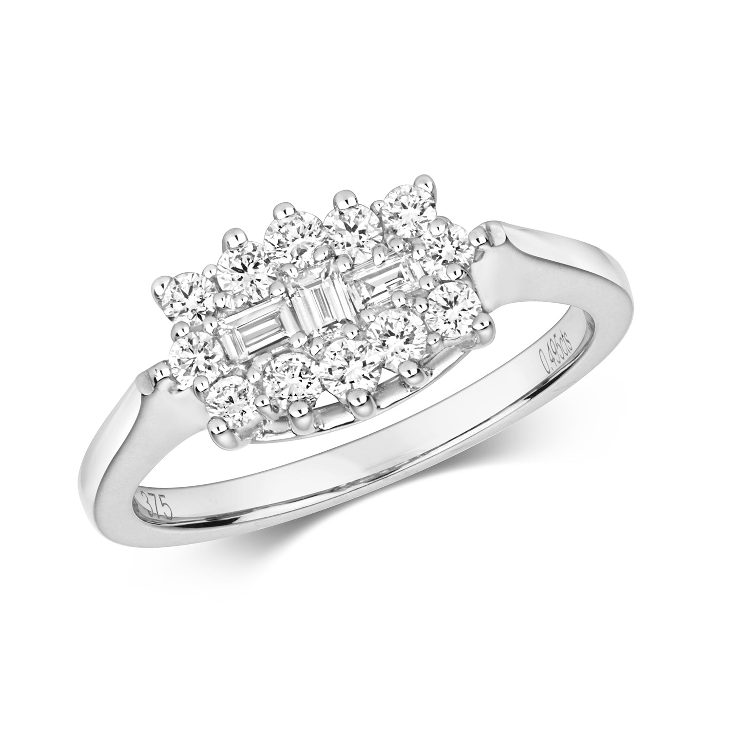 DIAMOND ROUND AND BAGUETTE CLUSTER BOAT RING IN 9CT WHITE GOLD