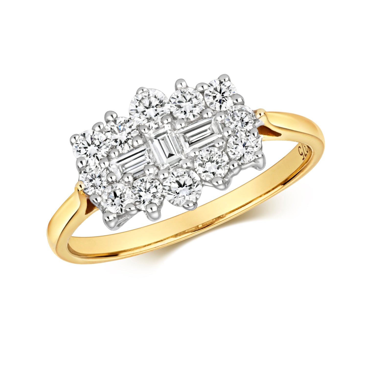 DIAMOND ROUND AND BAGUETTE CLUSTER BOAT RING IN 9CT GOLD