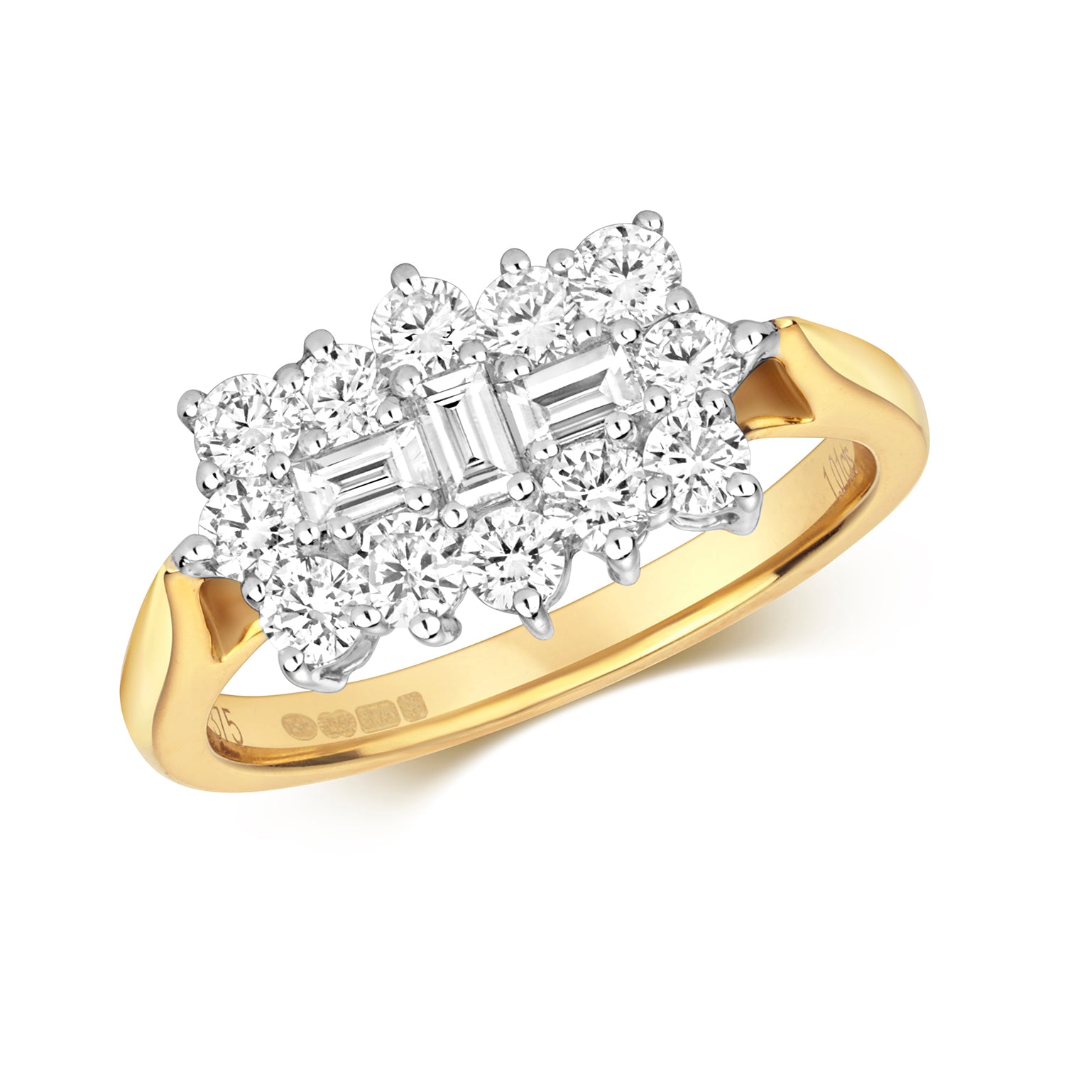 DIAMOND ROUND AND BAGUETTE CLUSTER BOAT RING IN 9CT GOLD