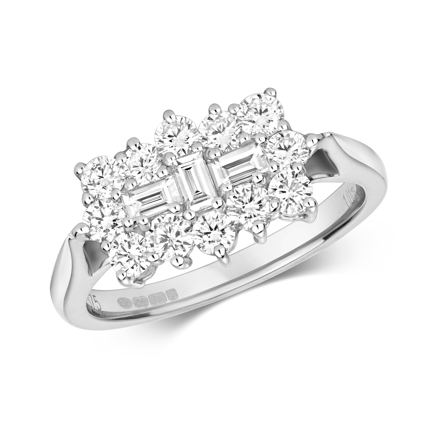 DIAMOND ROUND AND BAGUETTE CLUSTER BOAT RING IN 9CT WHITE GOLD