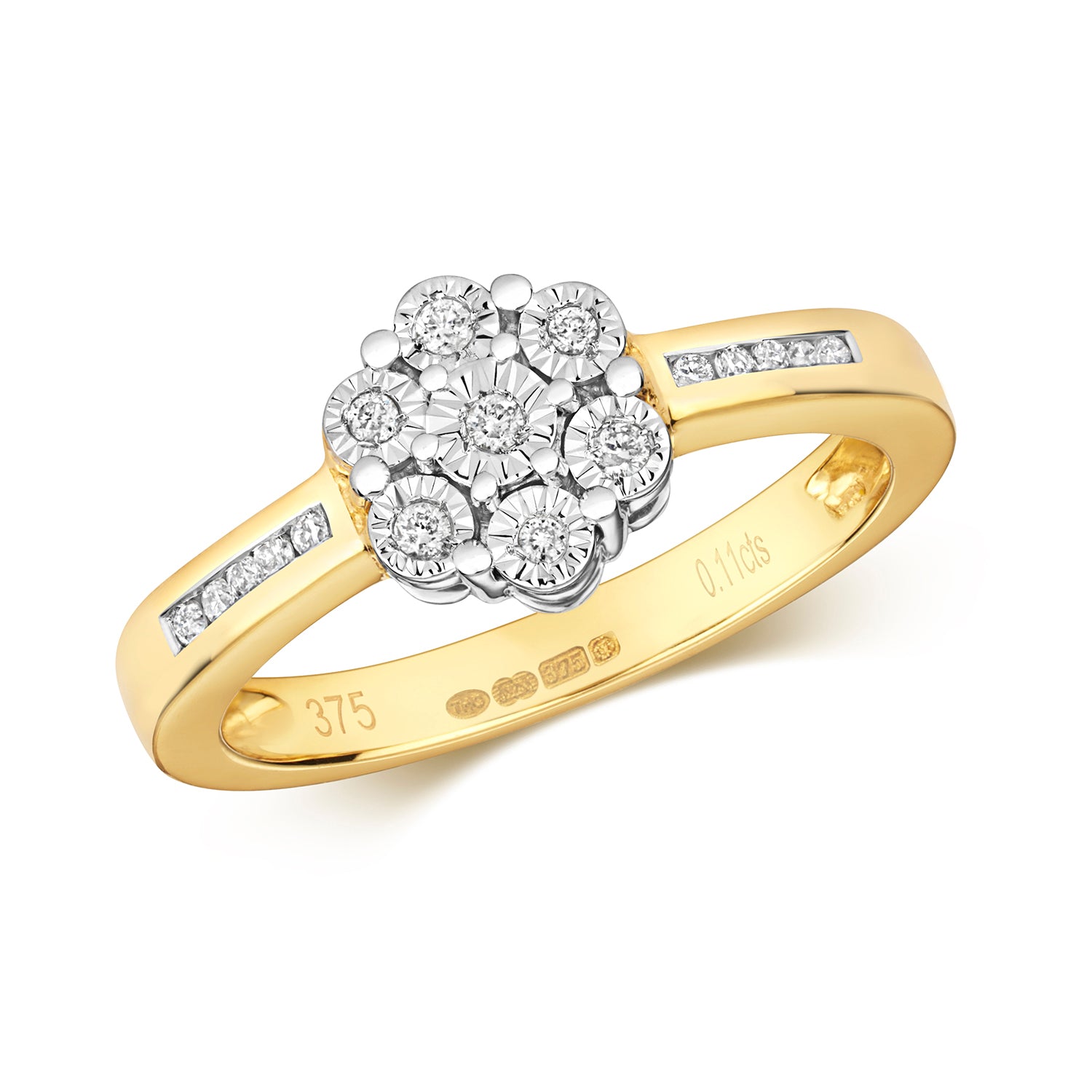 DIAMOND ILLUSION SET 7 STONE CLUSTER WITH SET SHOULDERS RING IN 9CT GOLD