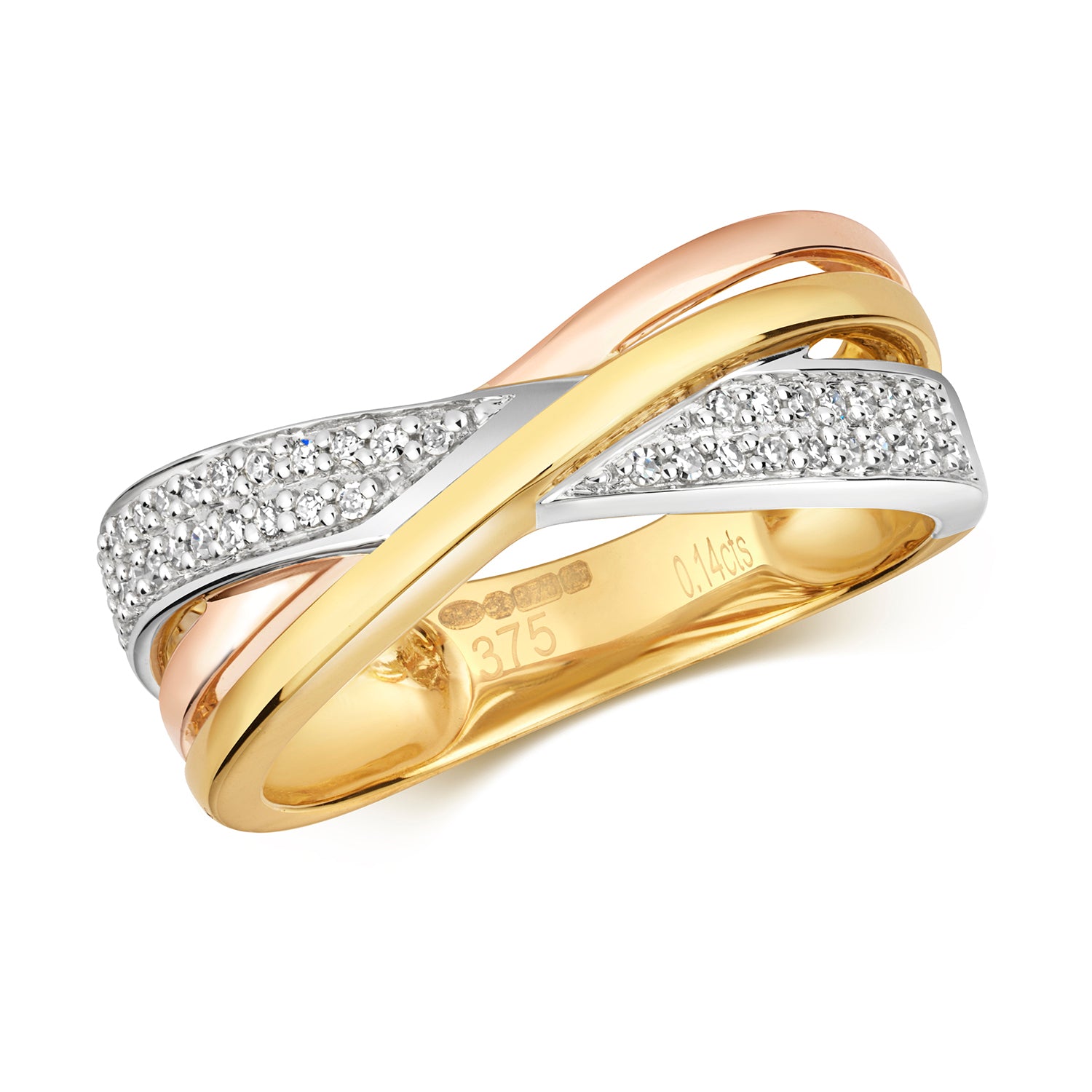 DIAMOND TRICOLOUR CROSSOVER ETERNITY RING IN 9CT GOLD