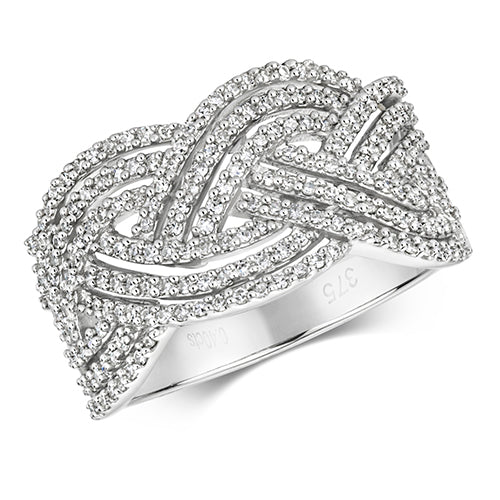 DIAMOND GRAIN SET 9 ROW PLAITED RING IN 9CT WHITE GOLD