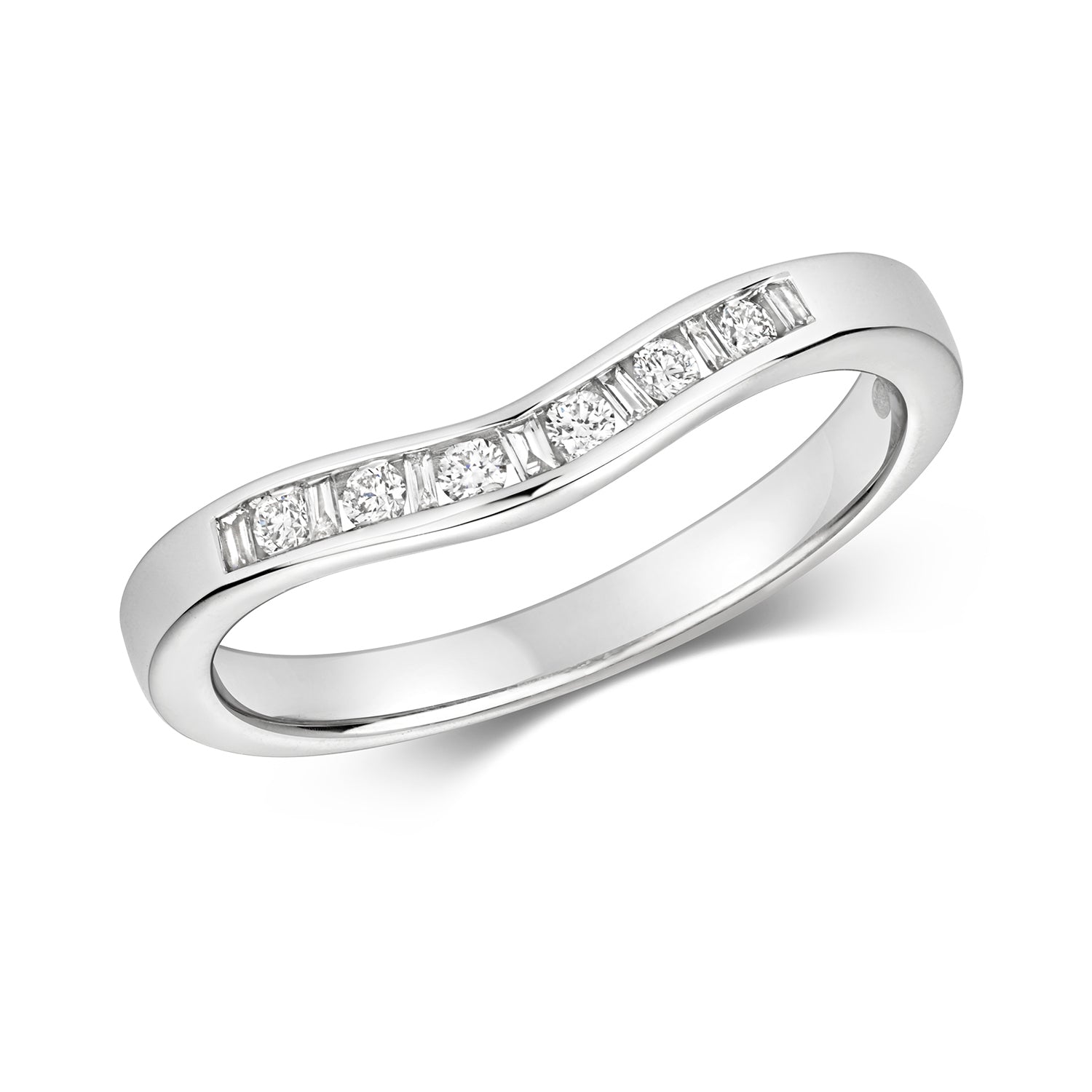 DIAMOND BAGUETTE AND ROUND CHANNEL SET SOFT WISHBONE RING IN 9CT WHITE GOLD