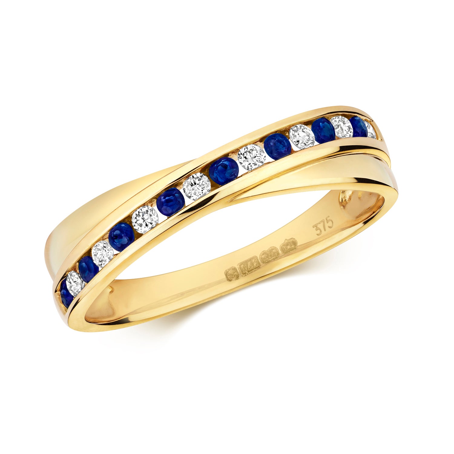 DIAMOND & SAPPHIRE CHANNEL SET HALF ETERNITY CROSSOVER RING IN 9CT GOLD