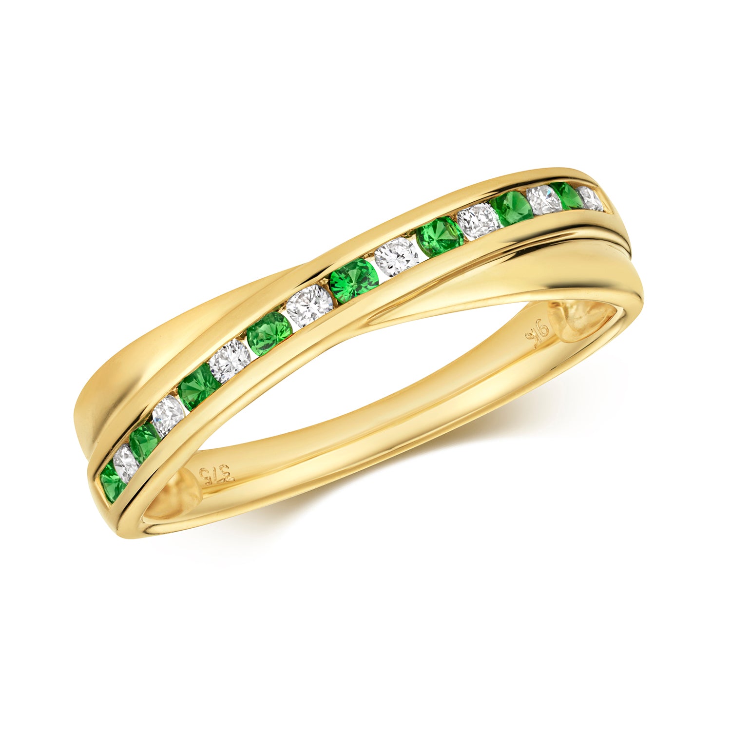 DIAMOND & TSAVORITE CHANNEL SET HALF ETERNITY CROSSOVER RING IN 9CT GOLD