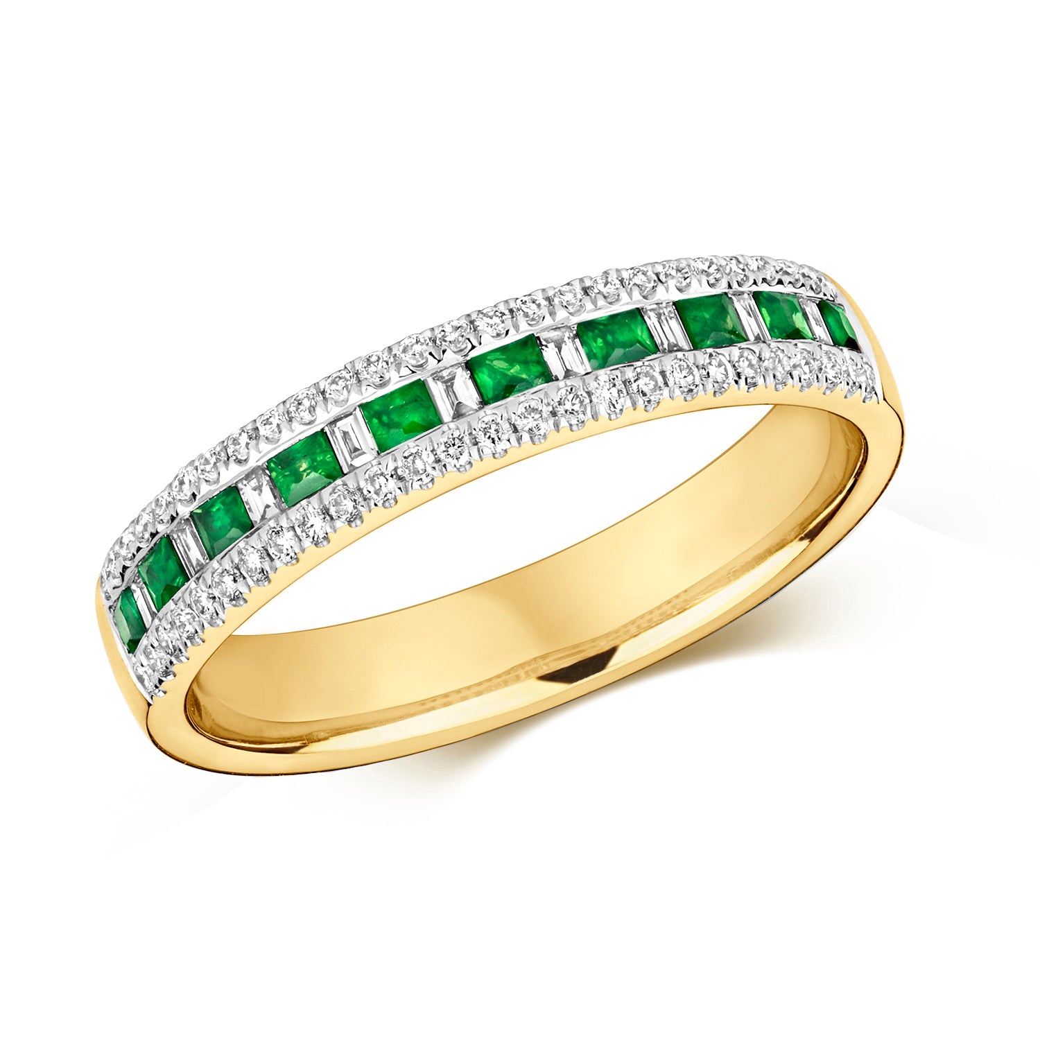 DIAMOND & EMERALD CHANNEL SET 3 ROW HALF ETERNITY RING IN 9CT GOLD