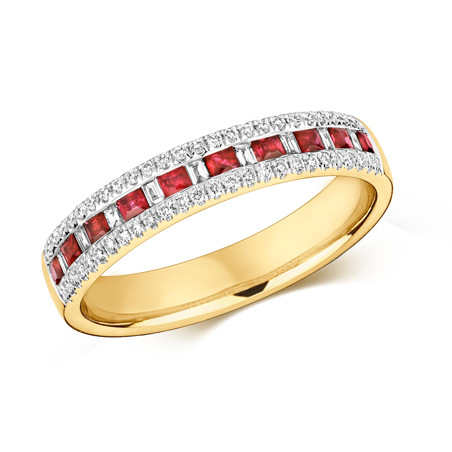 DIAMOND & RUBY CHANNEL SET 3 ROW HALF ETERNITY RING IN 9CT GOLD