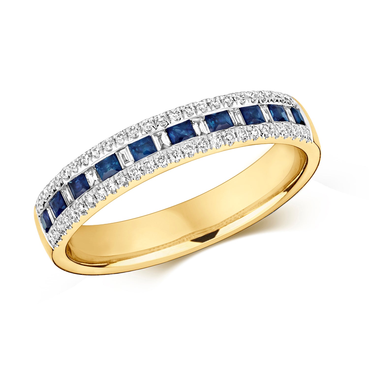 DIAMOND & SAPPHIRE CHANNEL SET 3 ROW HALF ETERNITY RING IN 9CT GOLD