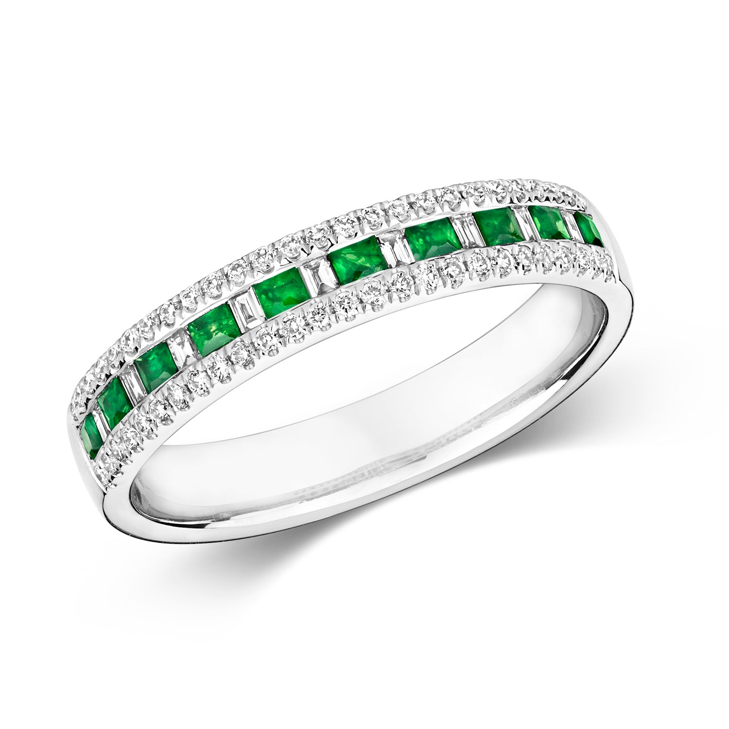 DIAMOND & EMERALD CHANNEL SET 3 ROW HALF ETERNITY RING IN 9CT WHITE GOLD