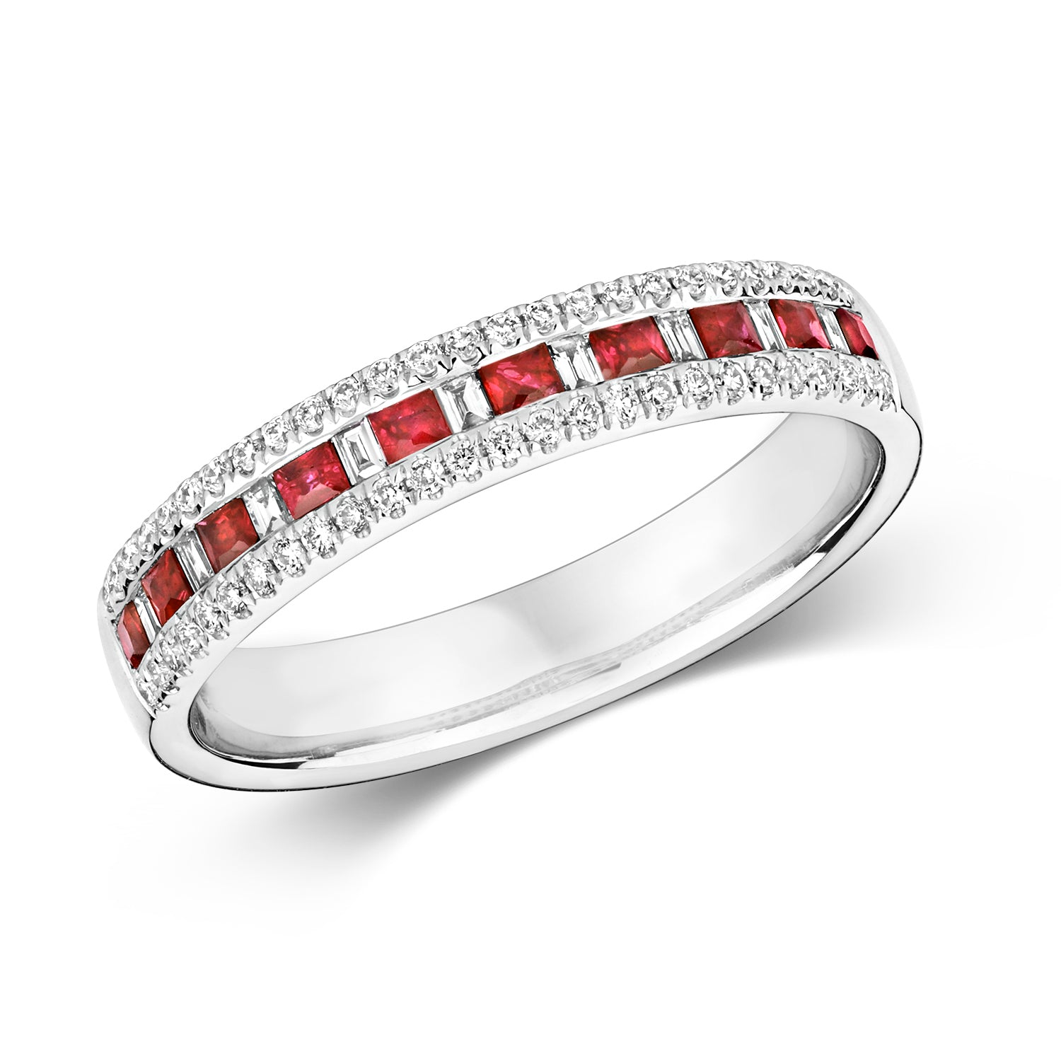 DIAMOND & RUBY CHANNEL SET 3 ROW HALF ETERNITY RING IN 9CT WHITE GOLD