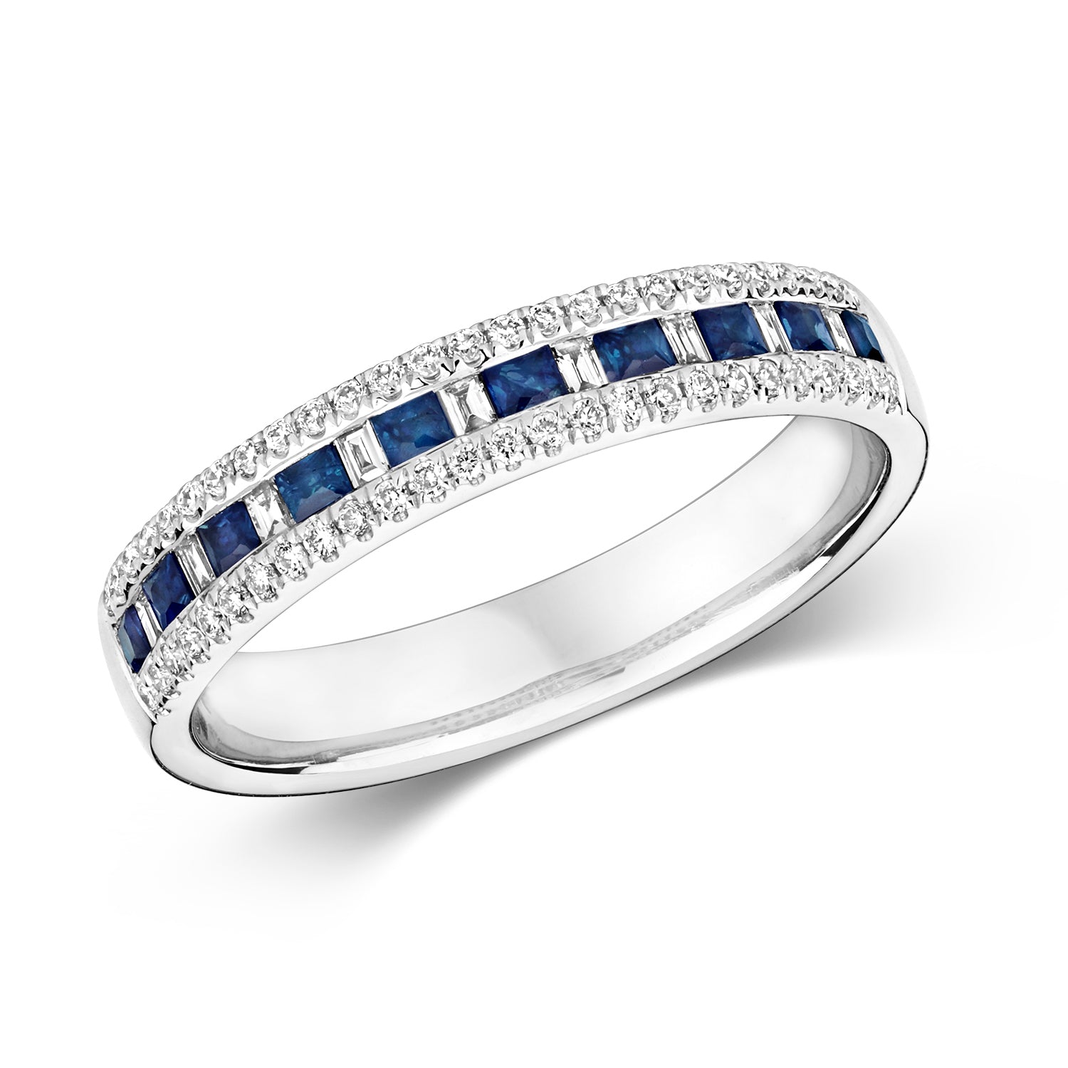 DIAMOND & SAPPHIRE CHANNEL SET 3 ROW HALF ETERNITY RING IN 9CT WHITE GOLD