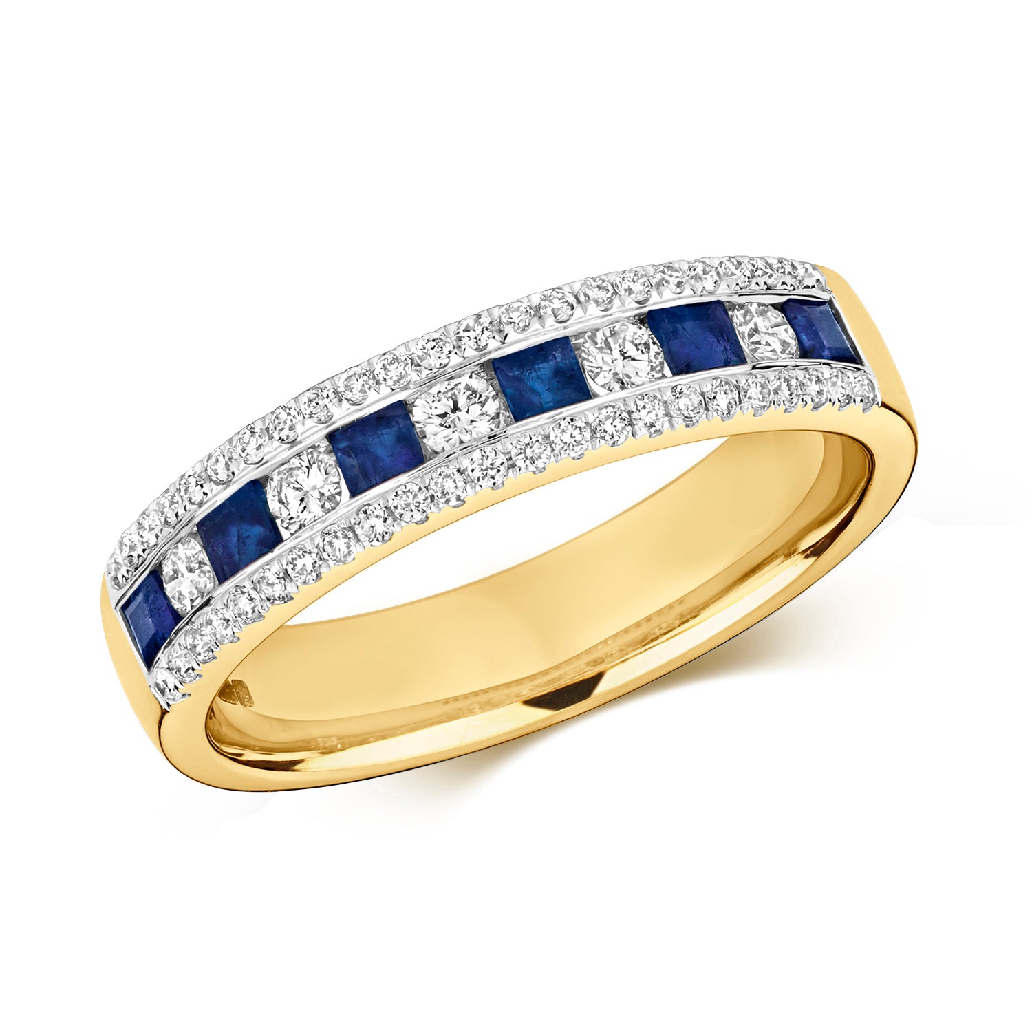 DIAMOND & SAPPHIRE CHANNEL SET 3 ROW HALF ETERNITY RING IN 9CT GOLD