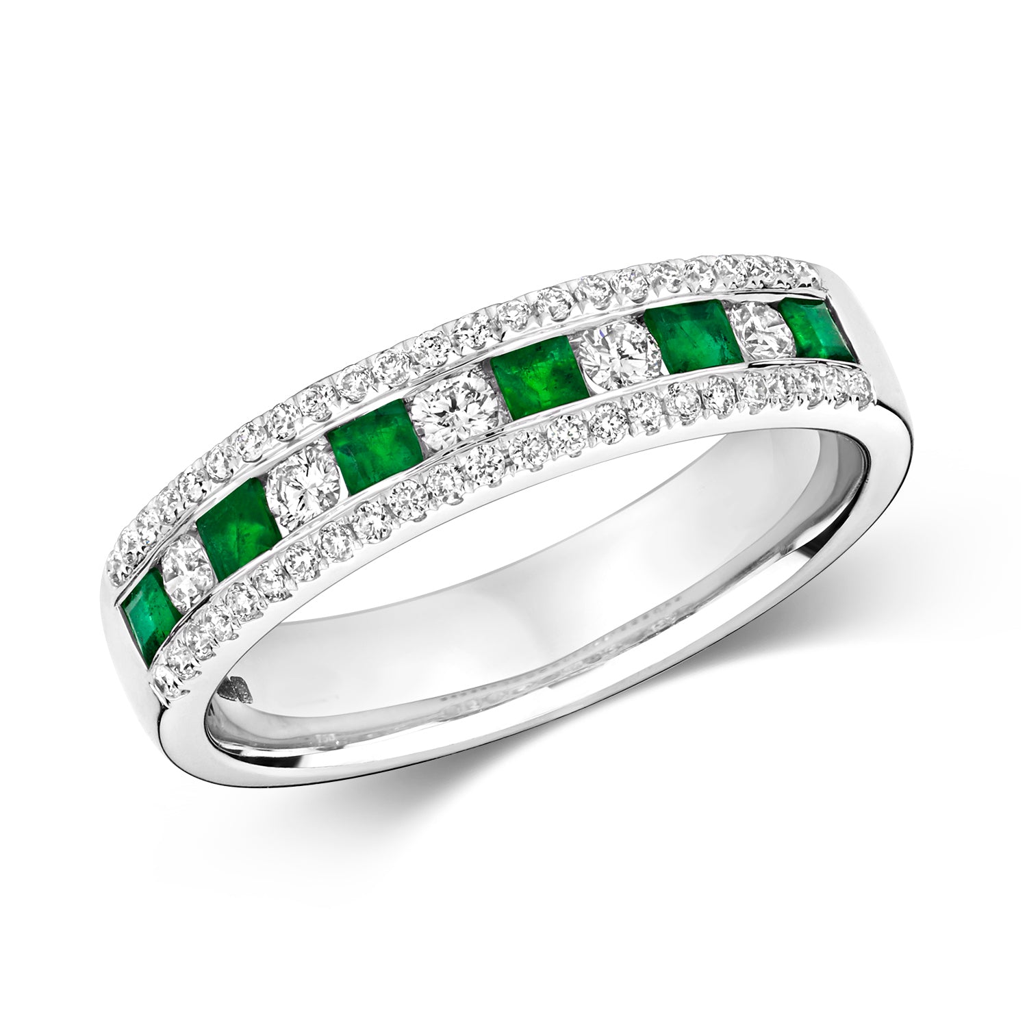 DIAMOND & EMERALD CHANNEL SET 3 ROW HALF ETERNITY RING IN 9CT WHITE GOLD