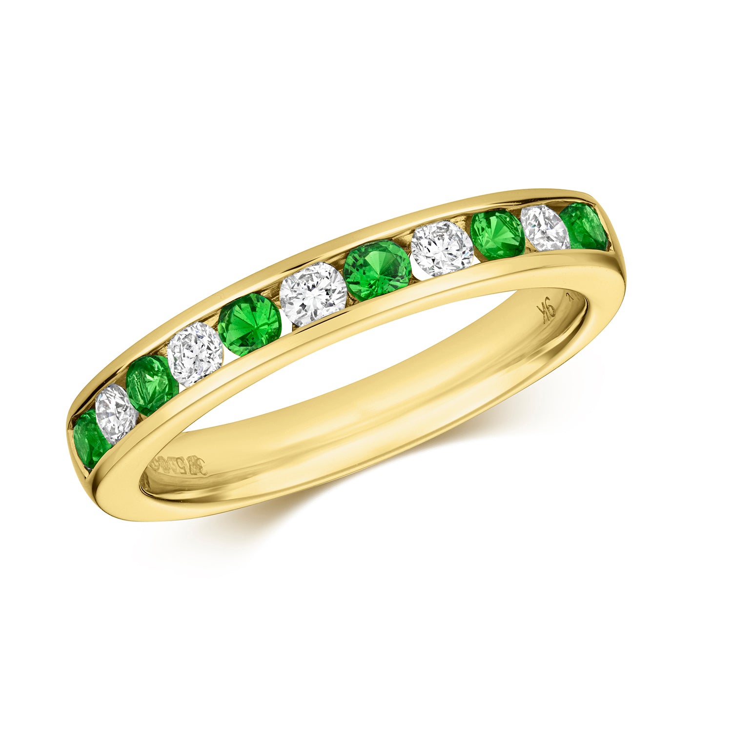 DIAMOND & TSAVORITE CHANNEL SET HALF ETERNITY RING IN 9CT GOLD