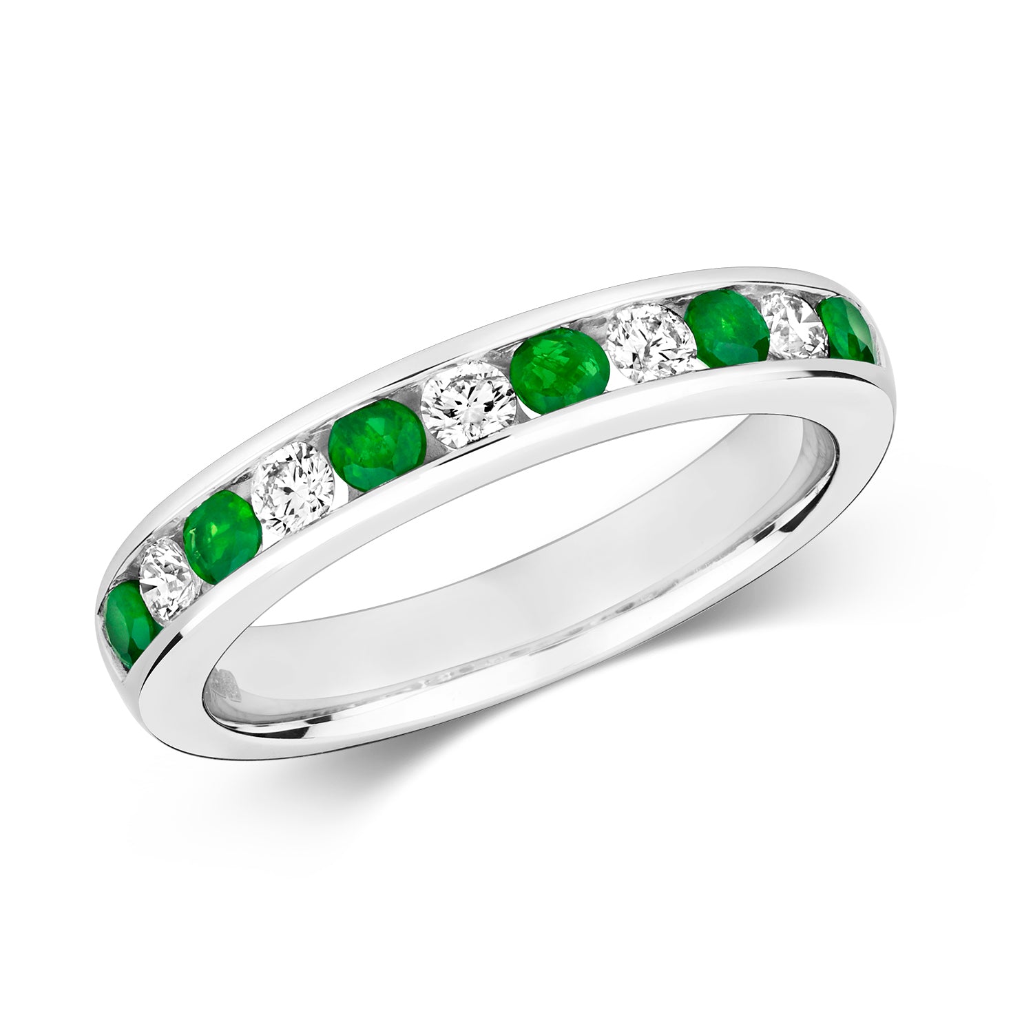 DIAMOND & EMERALD CHANNEL SET HALF ETERNITY RING IN 9CT WHITE GOLD