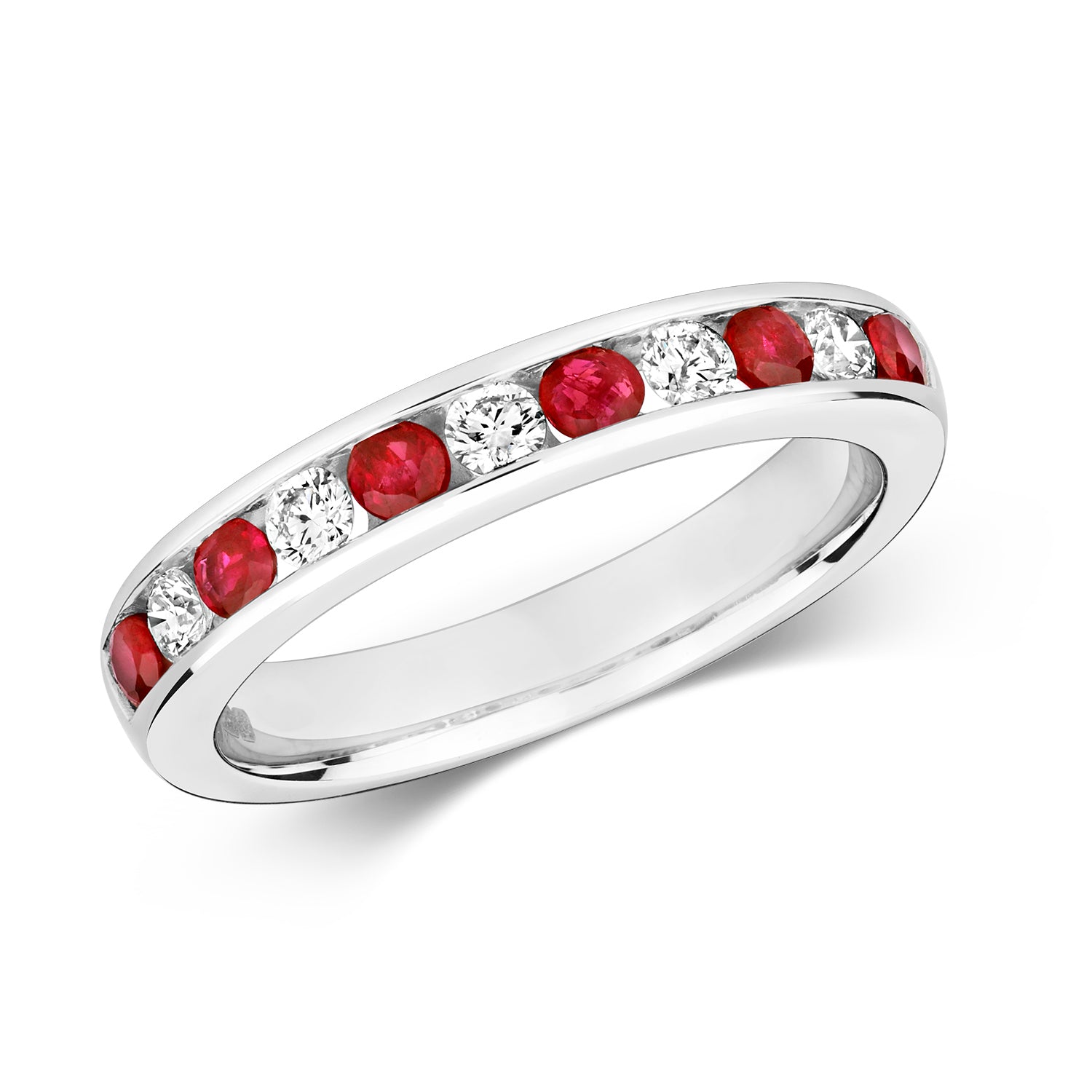 DIAMOND & RUBY CHANNEL SET HALF ETERNITY RING IN 9CT WHITE GOLD