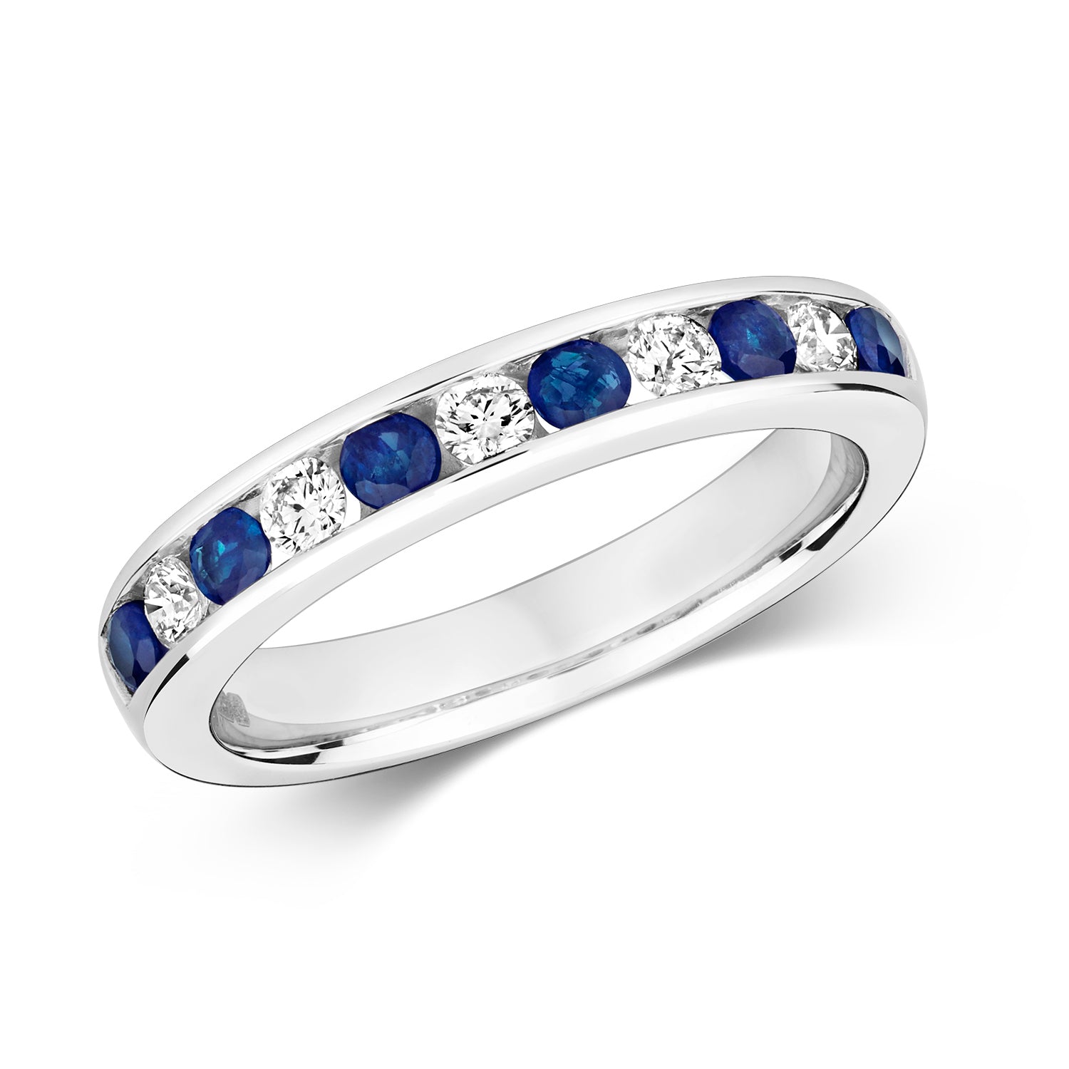 DIAMOND & SAPPHIRE CHANNEL SET HALF ETERNITY RING IN 9CT WHITE GOLD